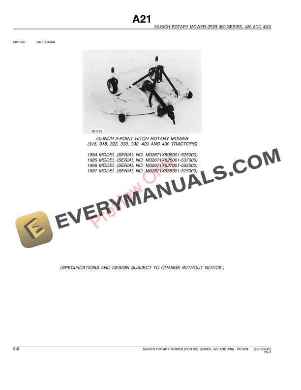 John Deere 50Inch Rotary Mower Parts Catalog PC1959 26FEB97