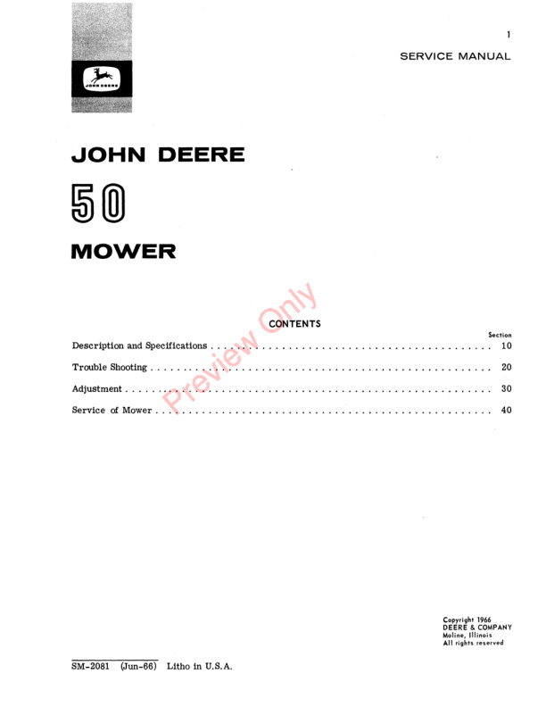John Deere 50 Mower Service Manual SM2081 01JUN66 3