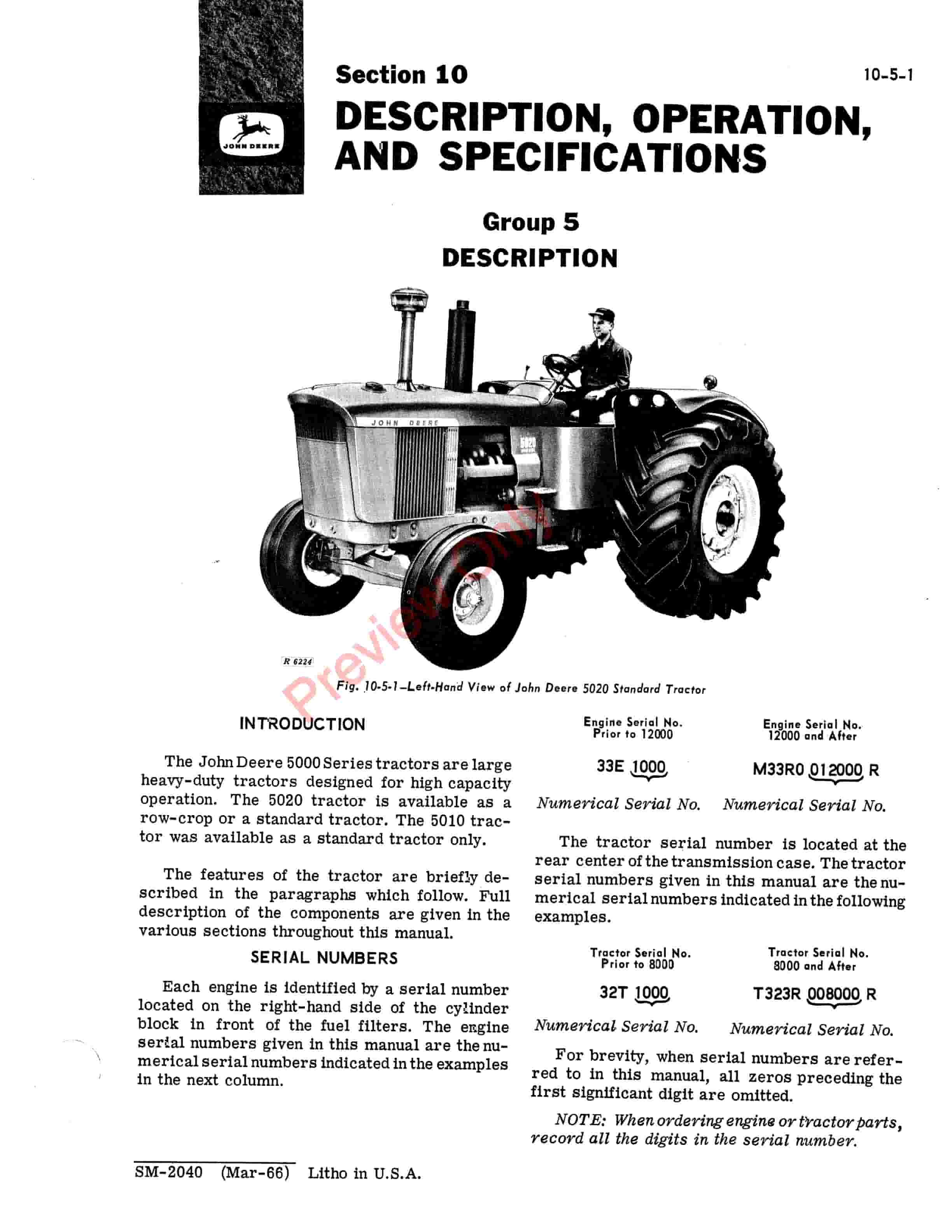 John Deere 5000 Series Tractors Service Manual SM2040 01MAR66 5