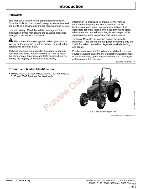 John Deere 5036D 5038D 5039D 5042D 5045D 5047D 5050D 5105 5305 5205 And 5005 Tractors Repair Technical Manual TM900719 11MAR22 2