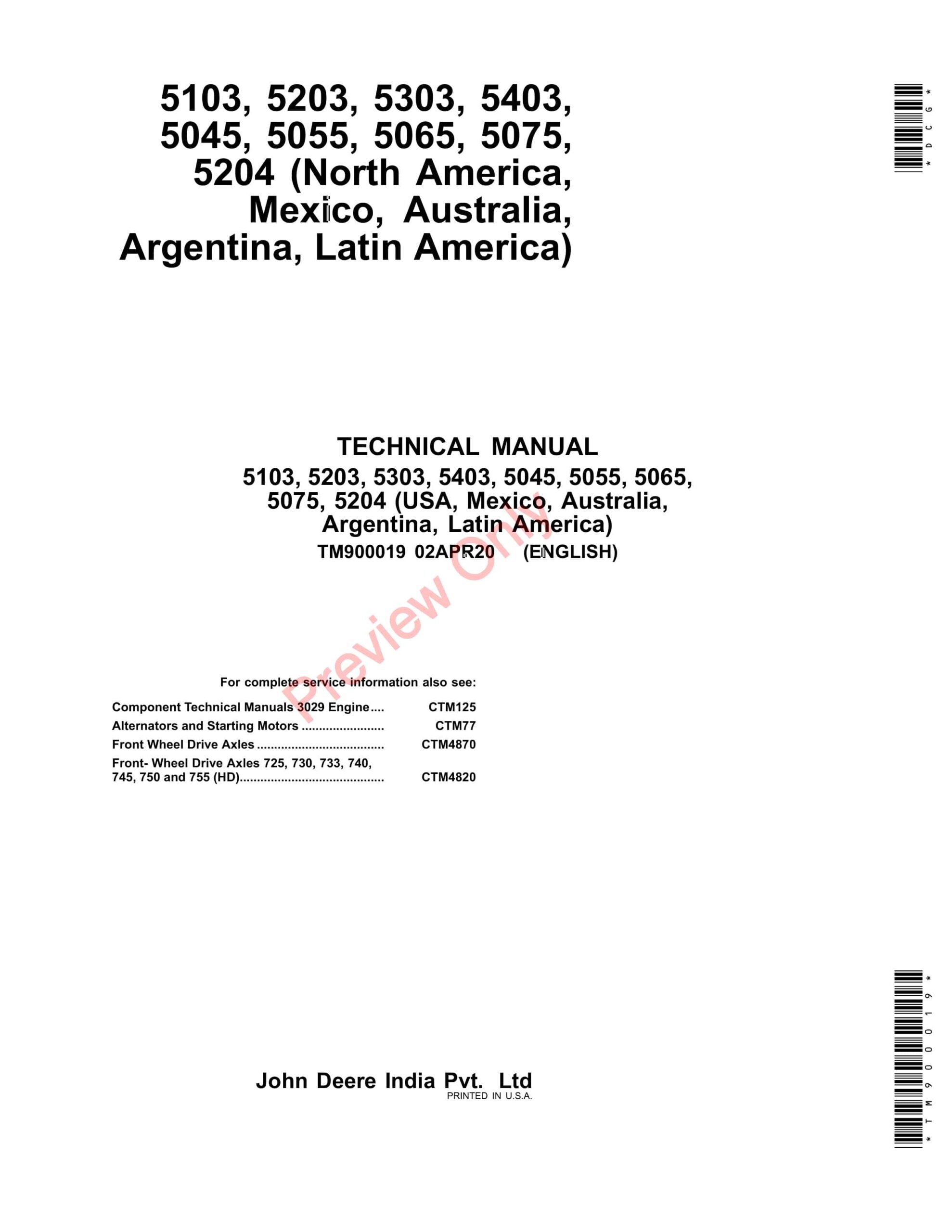 John Deere 5045D, 5045E, 5055D, 5055E, 5065E, 5075E, 5103, 5203, 5204, 5303, 5403, 5503 Tractors Component Technical Manuals TM900019 02APR20-1