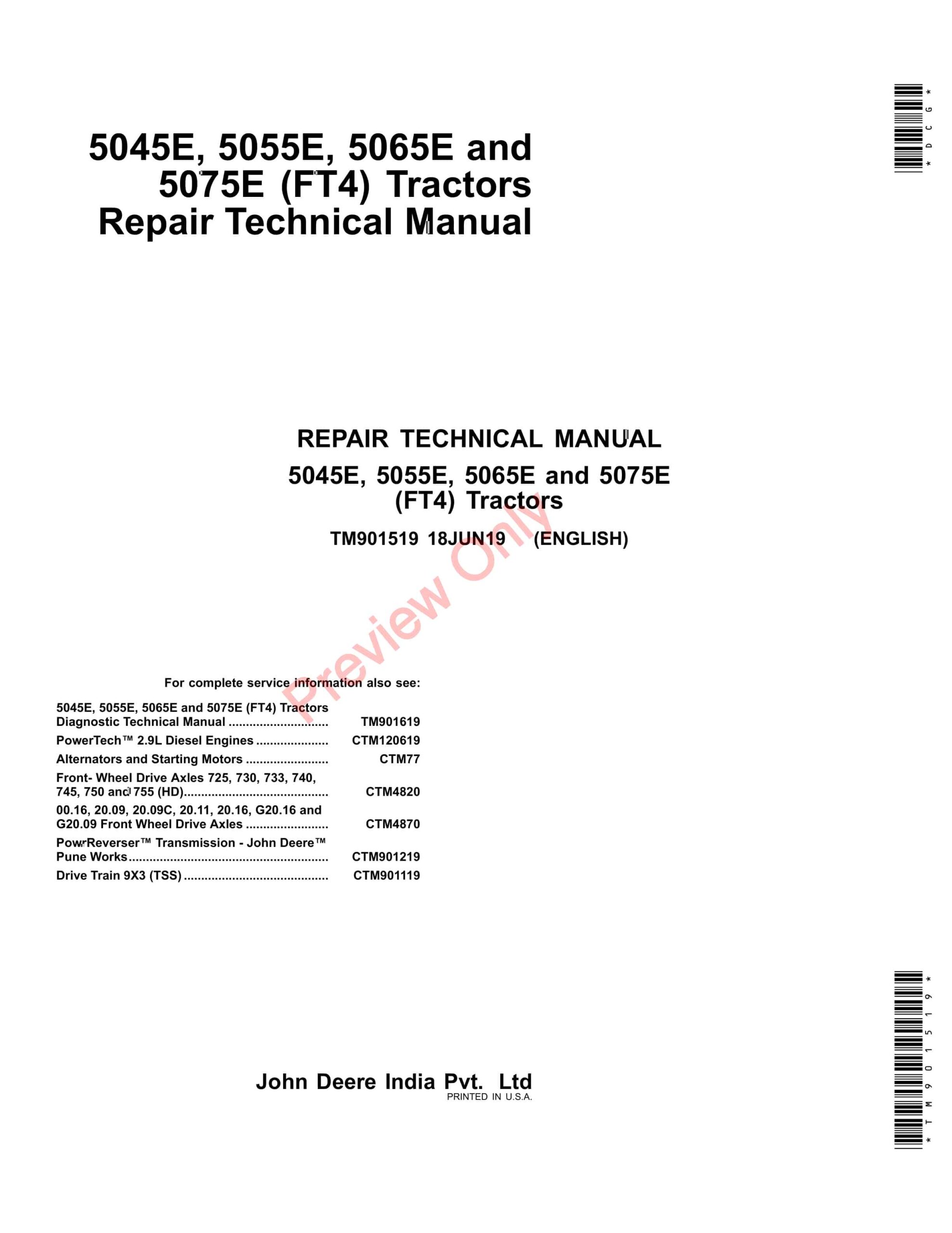 John Deere 5045E, 5055E, 5065E and 5075E (FT4) Tractors Diagnostic Technical Manual TM901519 18JUN19-1