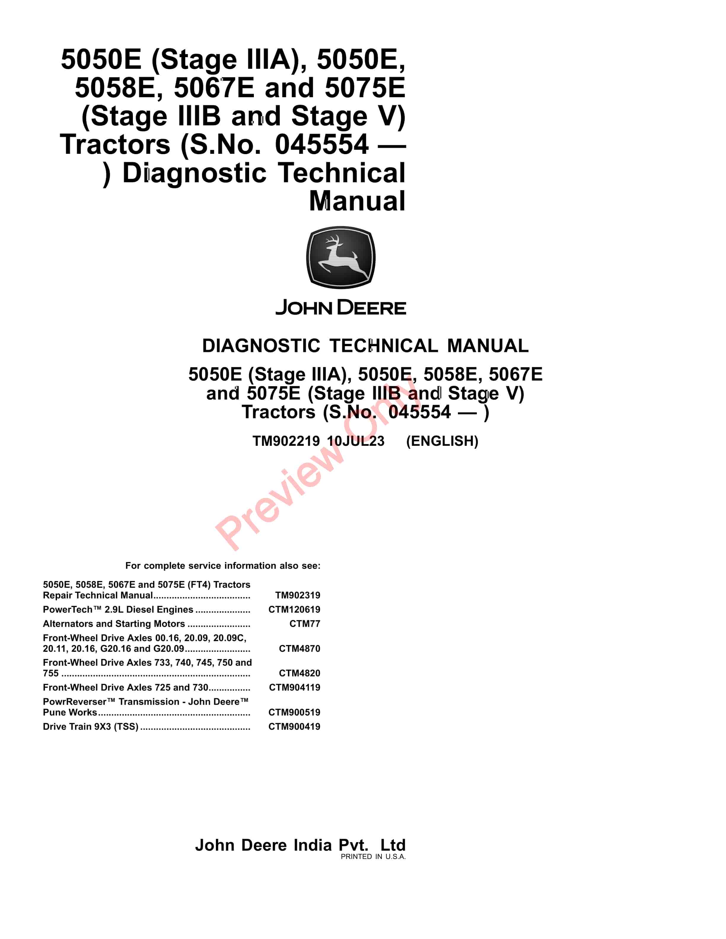 John Deere 5050E (Stage IIIA), 5050E, 5058E, 5067E and 5075E (Stage IIIB and Stage V) Tractors (045554 Diagnostic Technical Manual TM902219 10JUL23-1