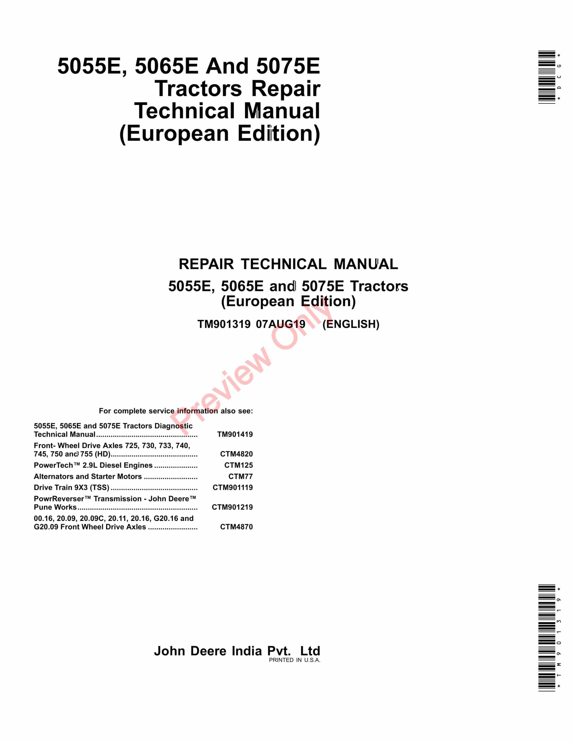 John Deere 5055E, 5065E and 5075E Tractors Repair Technical Manual TM901319 07AUG19-1