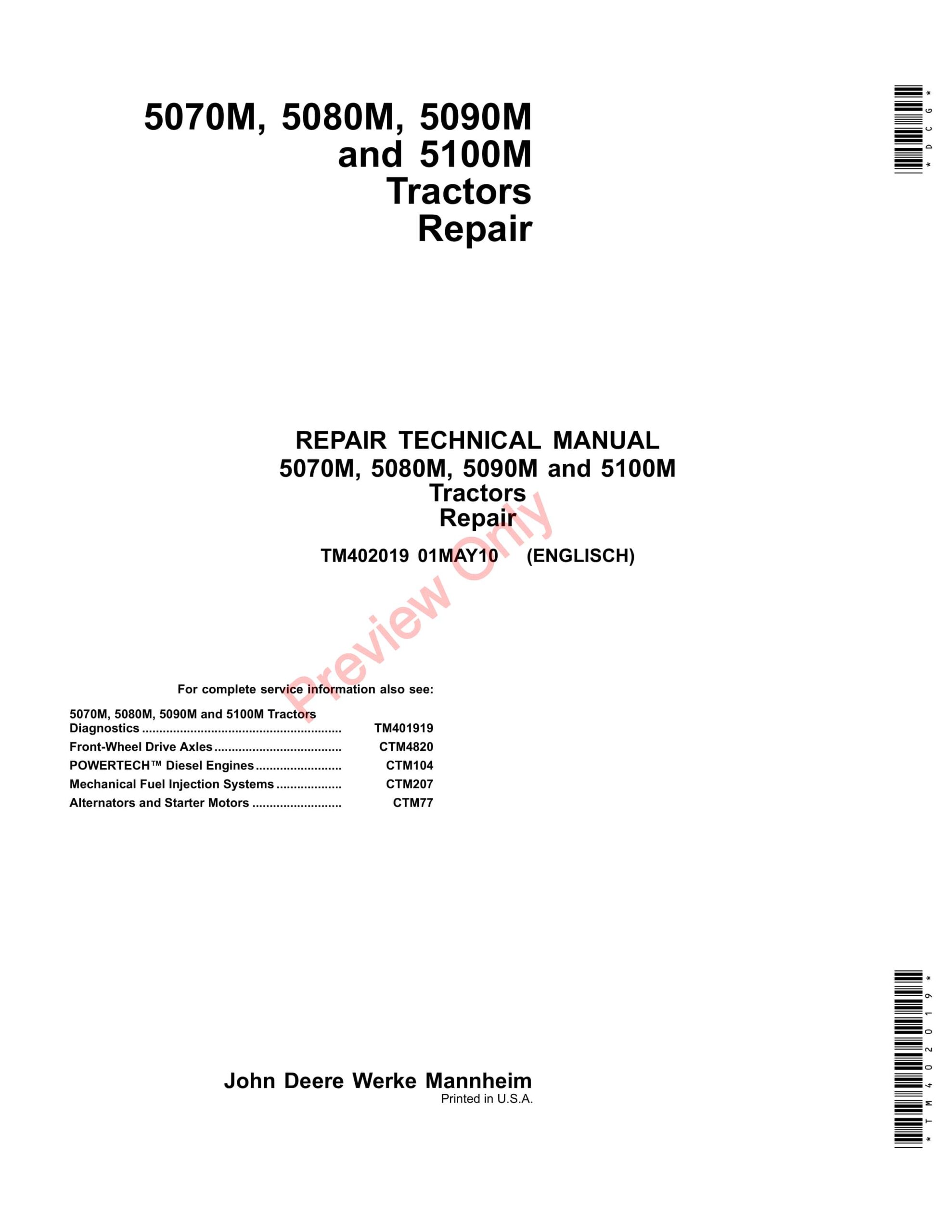 John Deere 5070M, 5080M, 5090M and 5100M Tractors Repair Technical Manual TM402019 01MAY10-1
