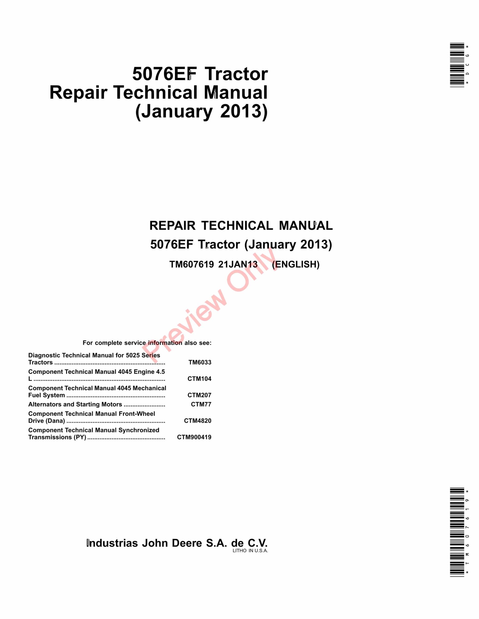 John Deere 5076EF Tractors Technical Manual TM607619 21JAN13-1