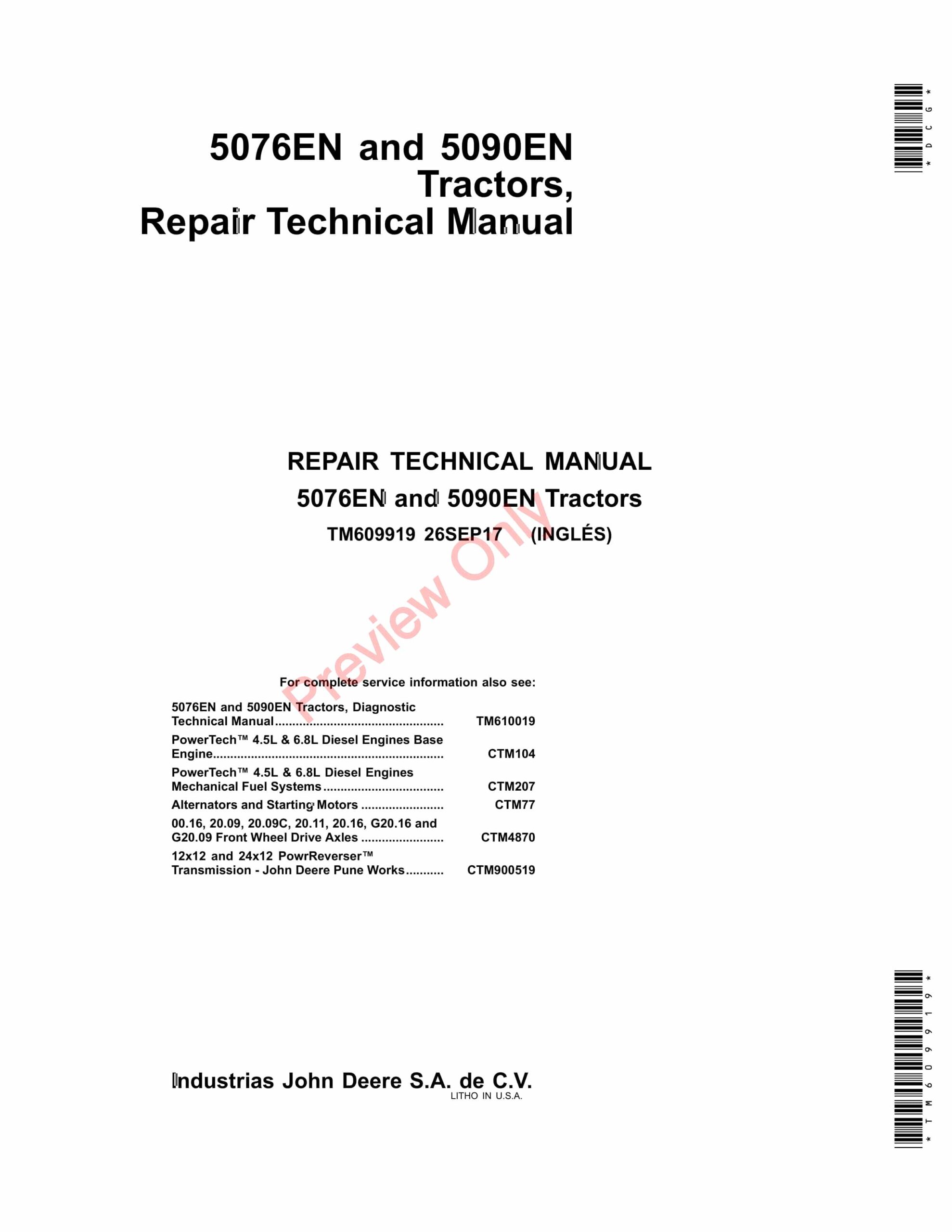John Deere 5076EN and 5090EN Tractors Repair Technical Manual TM609919 26SEP17-1