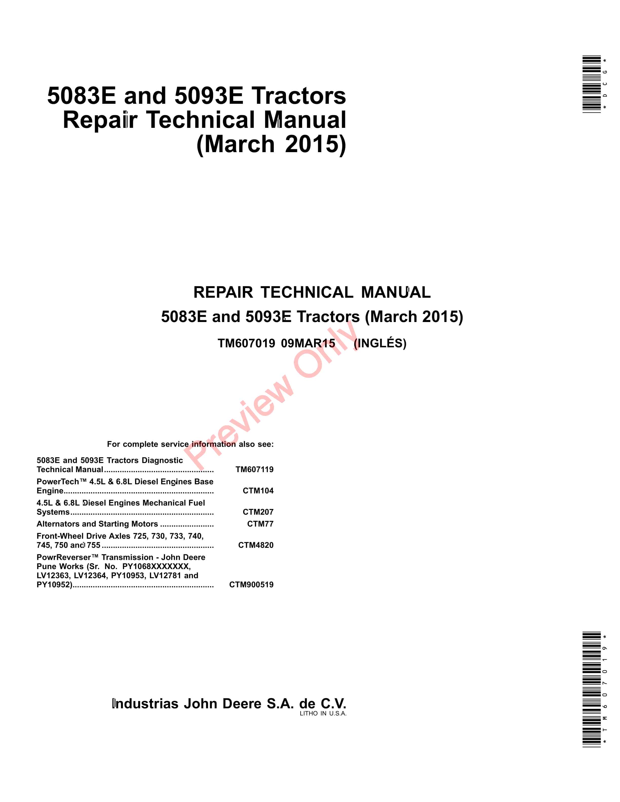 John Deere 5083E and 5093E Tractors Technical Manual TM607019 09MAR15-1