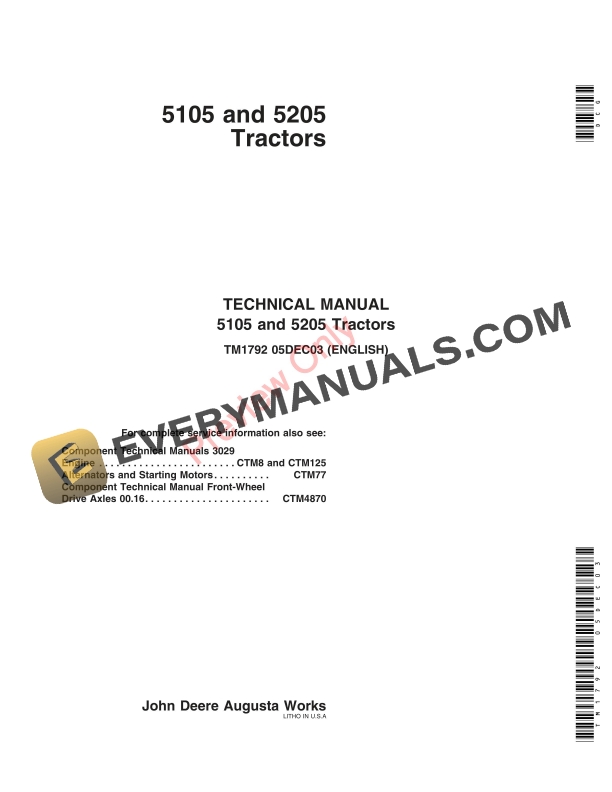 John Deere 5105 and 5205 Tractors Technical Manual TM1792 05DEC03