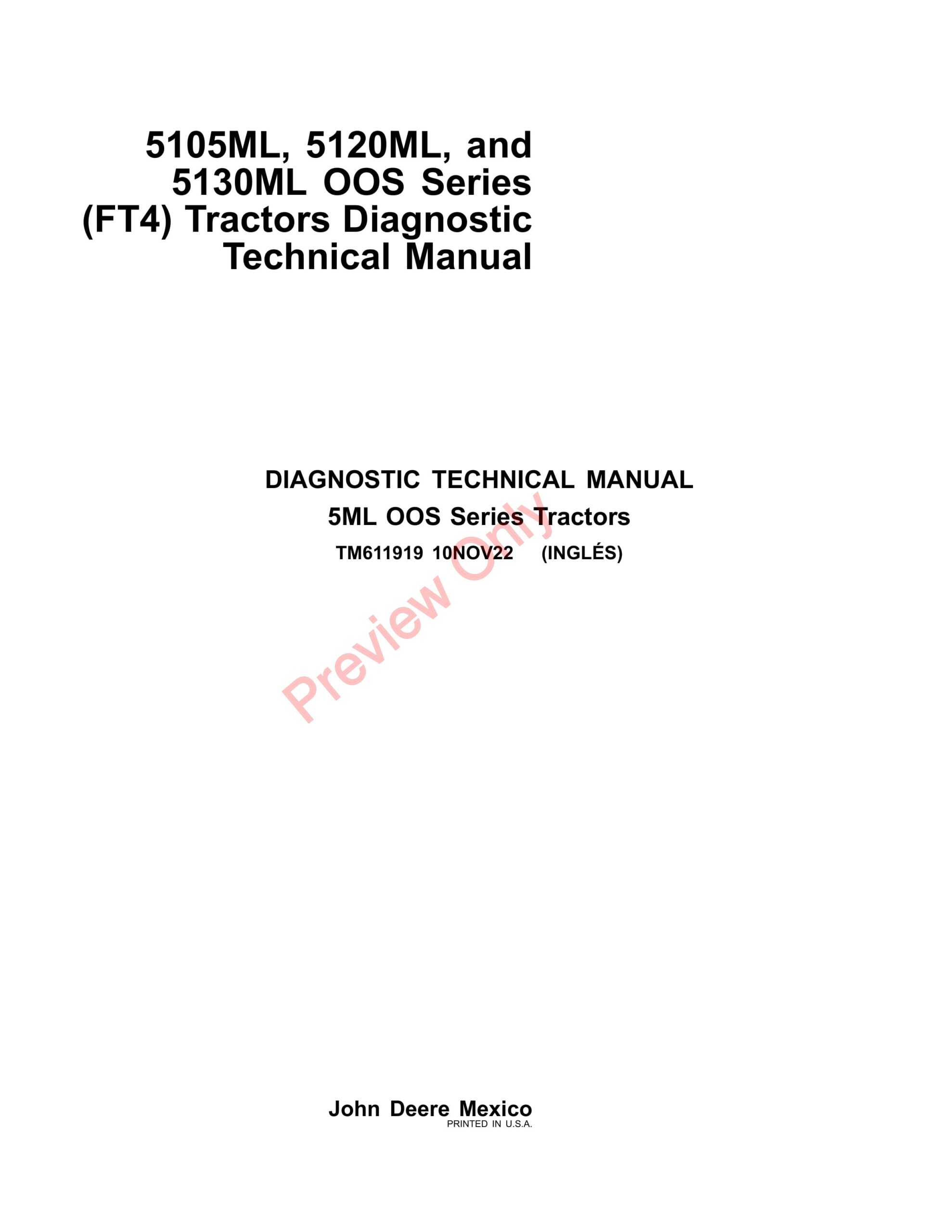 John Deere 5105ML, 5120ML, and 5130ML OOS Series (FT4) Tractors Technical Manual TM611919 10NOV22-1