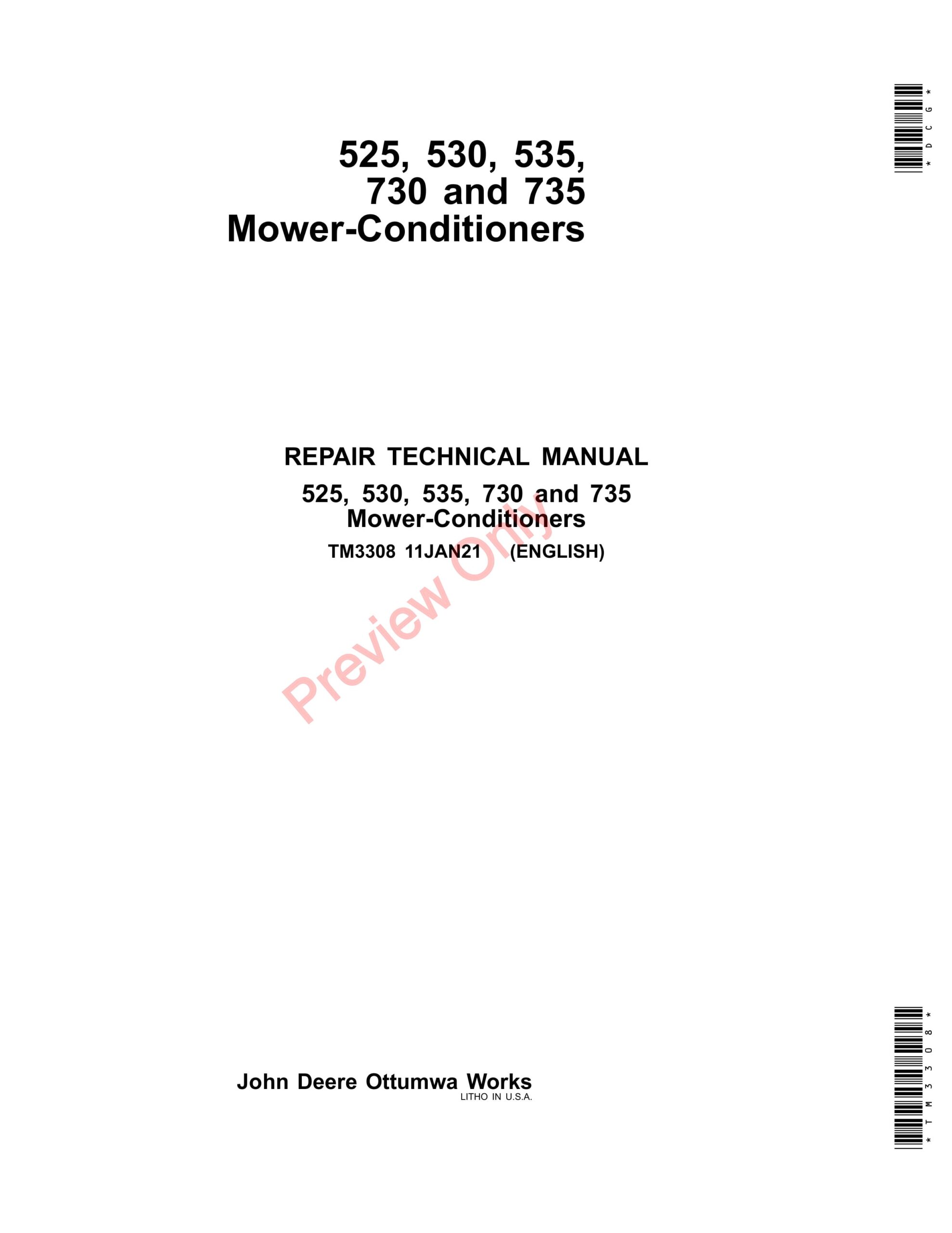 John Deere 525, 530, 535, 730 and 735 Mower-Conditioners Repair Technical Manual TM3308 11JAN21-1