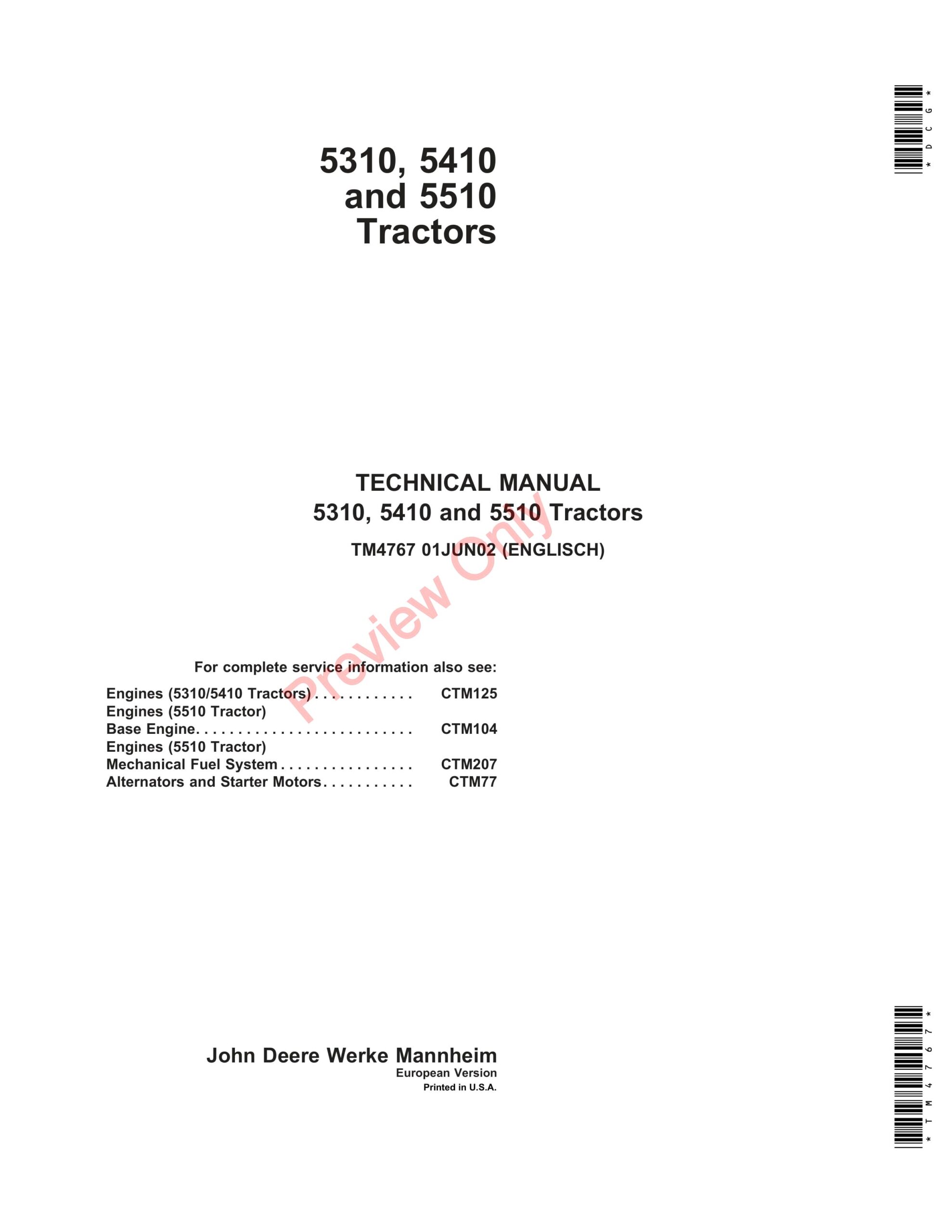 John Deere 5310, 5410 and 5510 Tractors Technical Manual TM4767 01JUN02-1