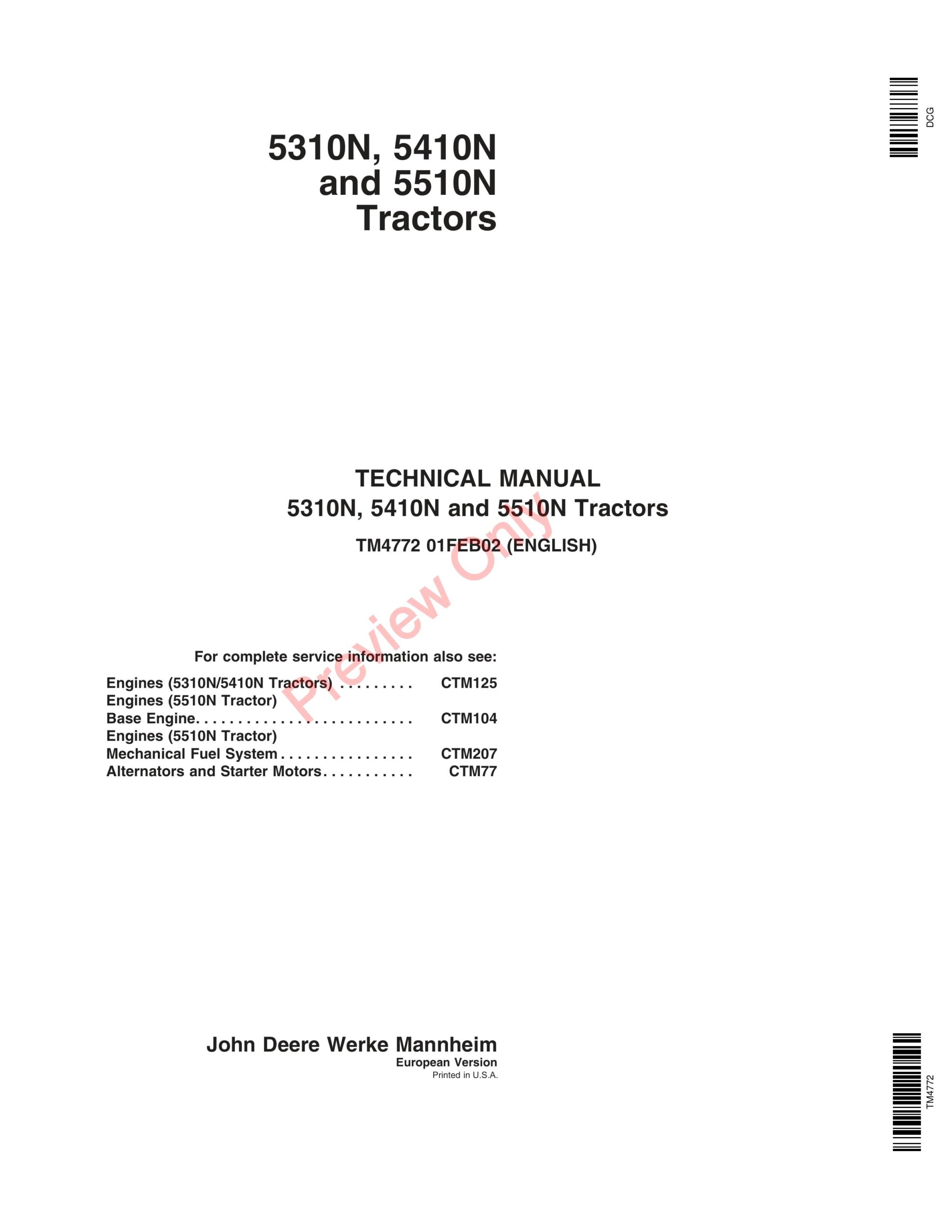 John Deere 5310N, 5410N and 5510N Tractors Technical Manual TM4772 01FEB02-1
