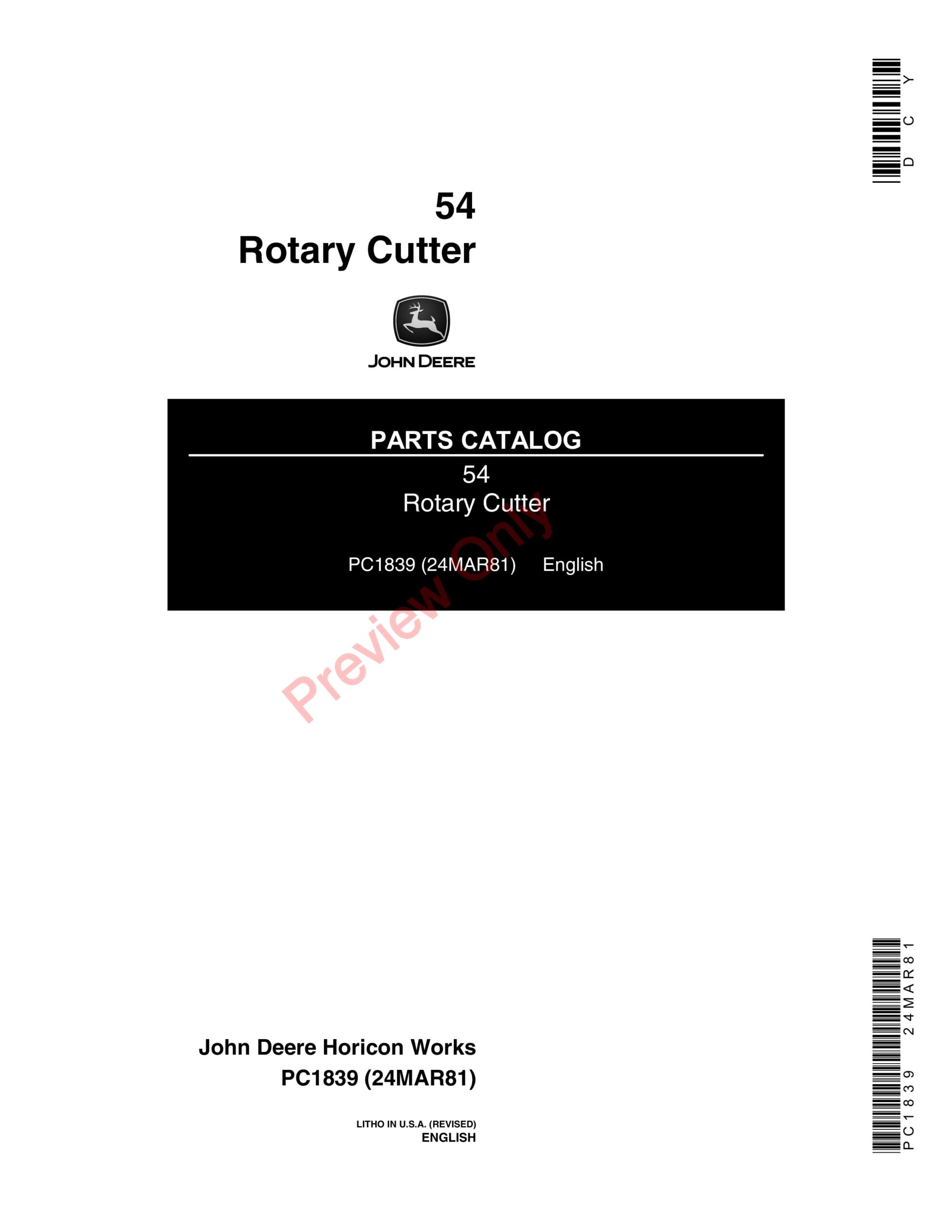 John Deere 54 Rotary Cutter Parts Catalog PC1839 24MAR81-1
