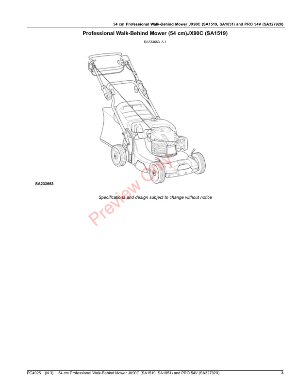 John Deere 54 cm Professional Walk-Behind Mower JX90C (SA1519, SA1851) and PRO 54V (SA327920) Parts Catalog PC4925 09NOV20-3