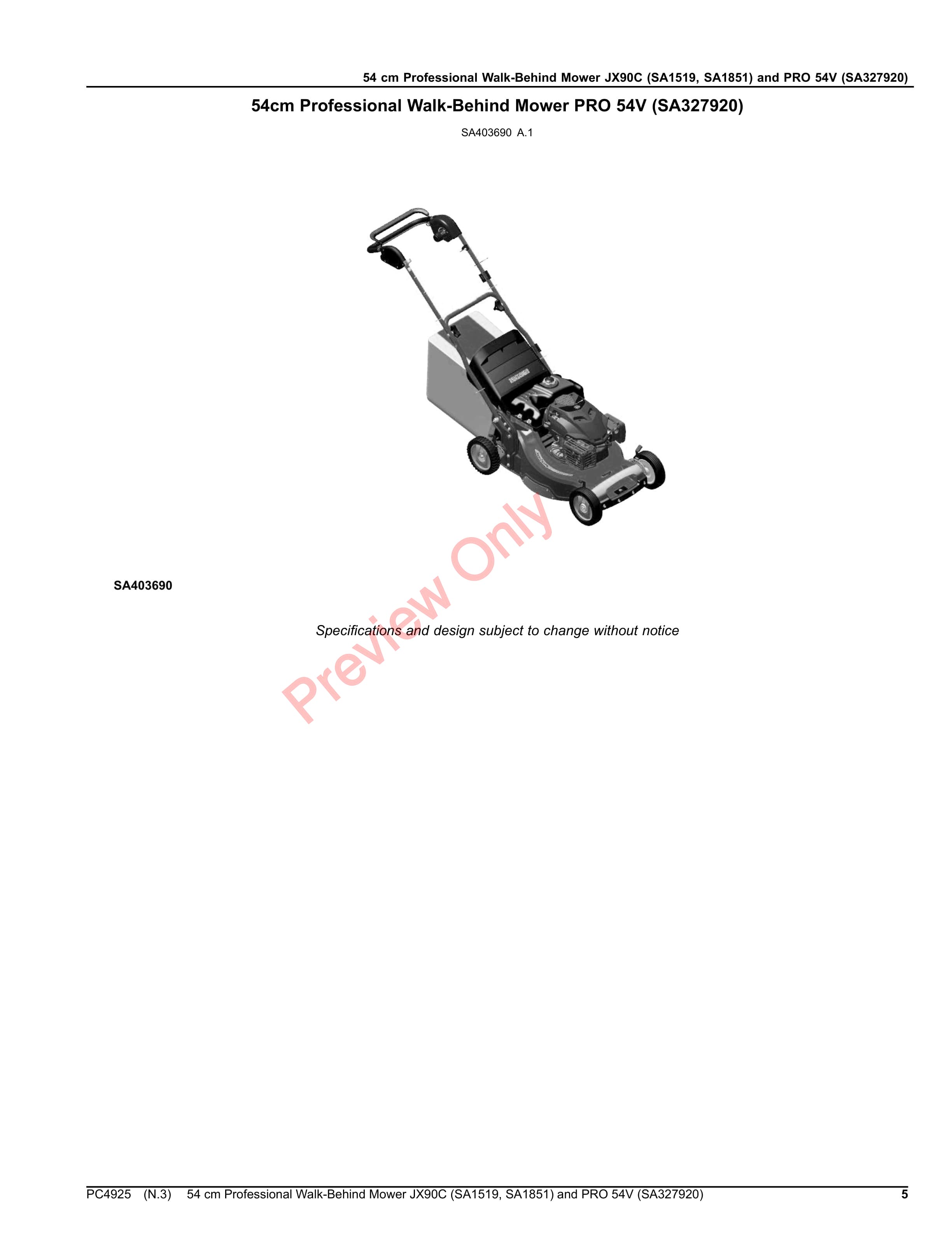 John Deere 54 cm Professional Walk-Behind Mower JX90C (SA1519, SA1851) and PRO 54V (SA327920) Parts Catalog PC4925 09NOV20-5