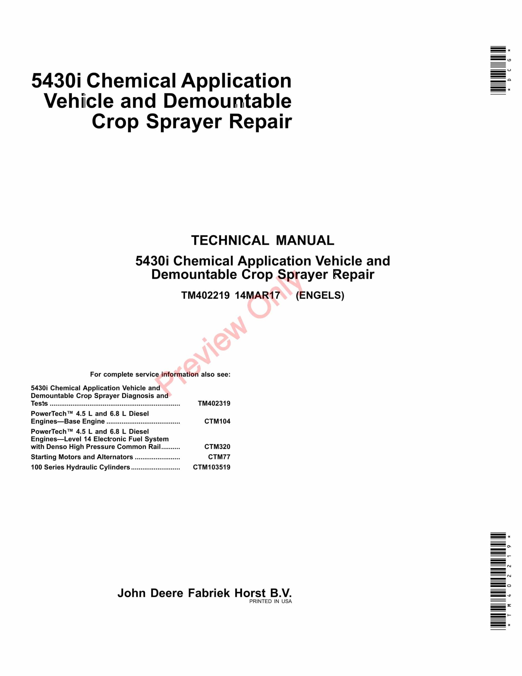 John Deere 5430i Chemical Application Vehicle and DemountableCrop Sprayer Service Information TM402219 14MAR17-1