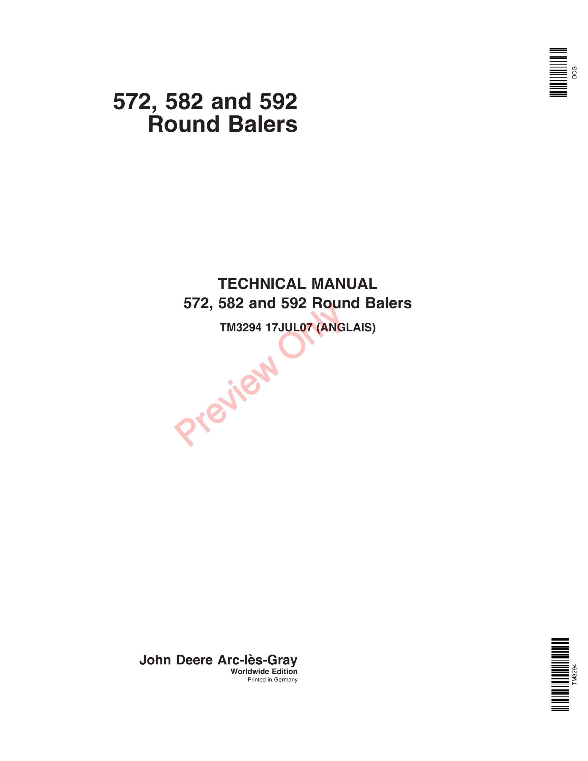 John Deere 572, 582, 592 Round Baler Technical Manual TM3294 17JUL07-1
