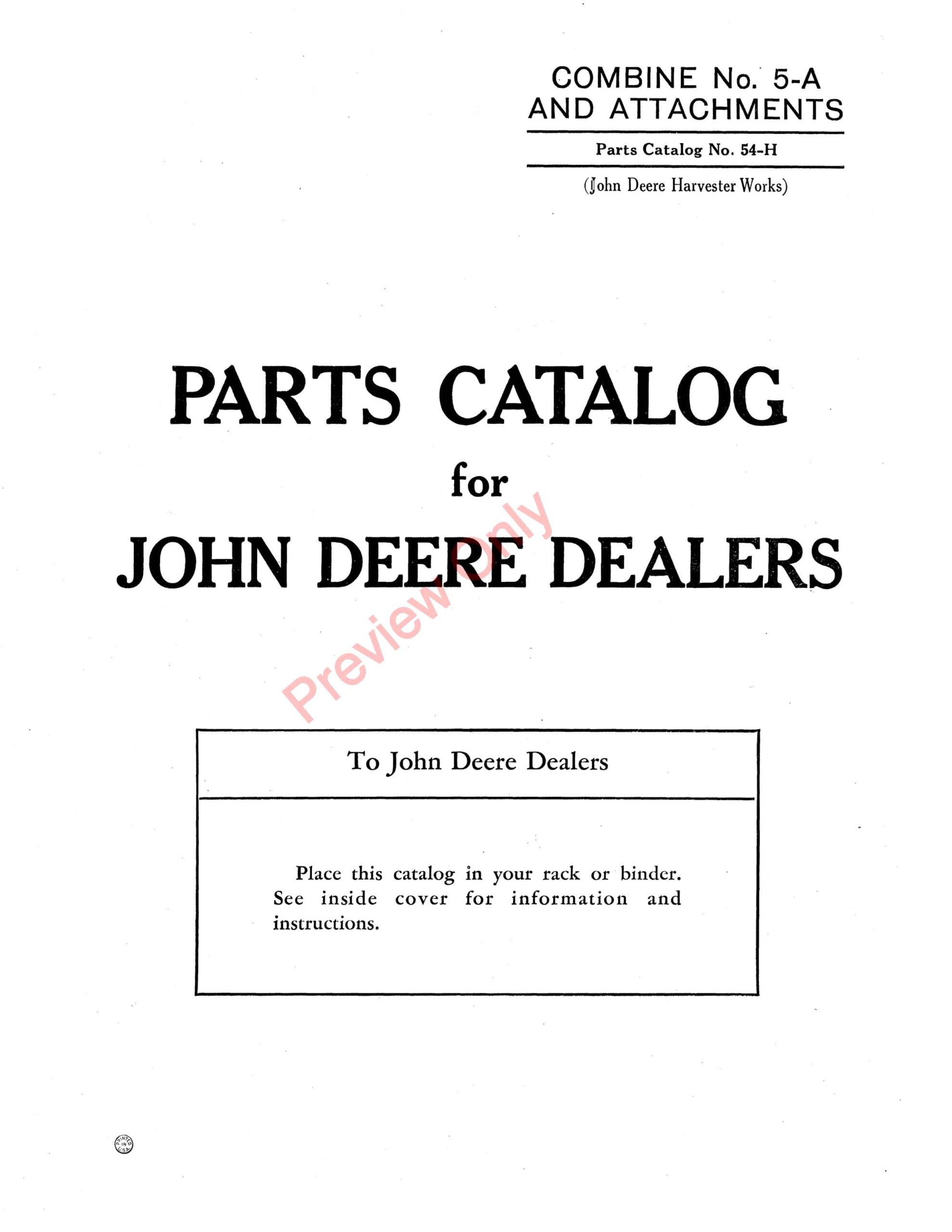 John Deere #5A Combine and Attachments Parts Catalog CAT54H 01JUN45-1