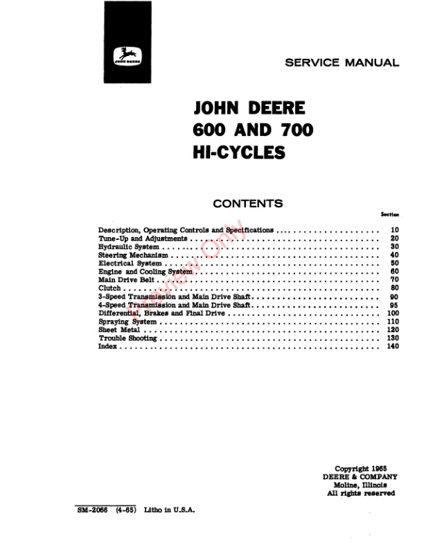 John Deere 600 700 Hi Cycle Tractor Service Manual SM2066 01APR65 3