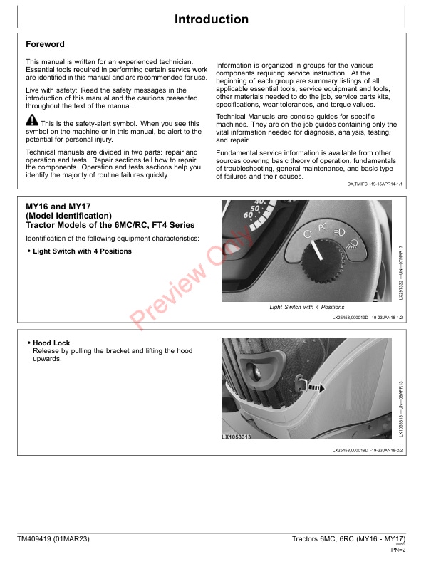 John Deere 6095MC 6105MC 6115MC 6095RC 6105RC And 6115RC Tractors Repair Technical Manual TM409419 01MAR23 2