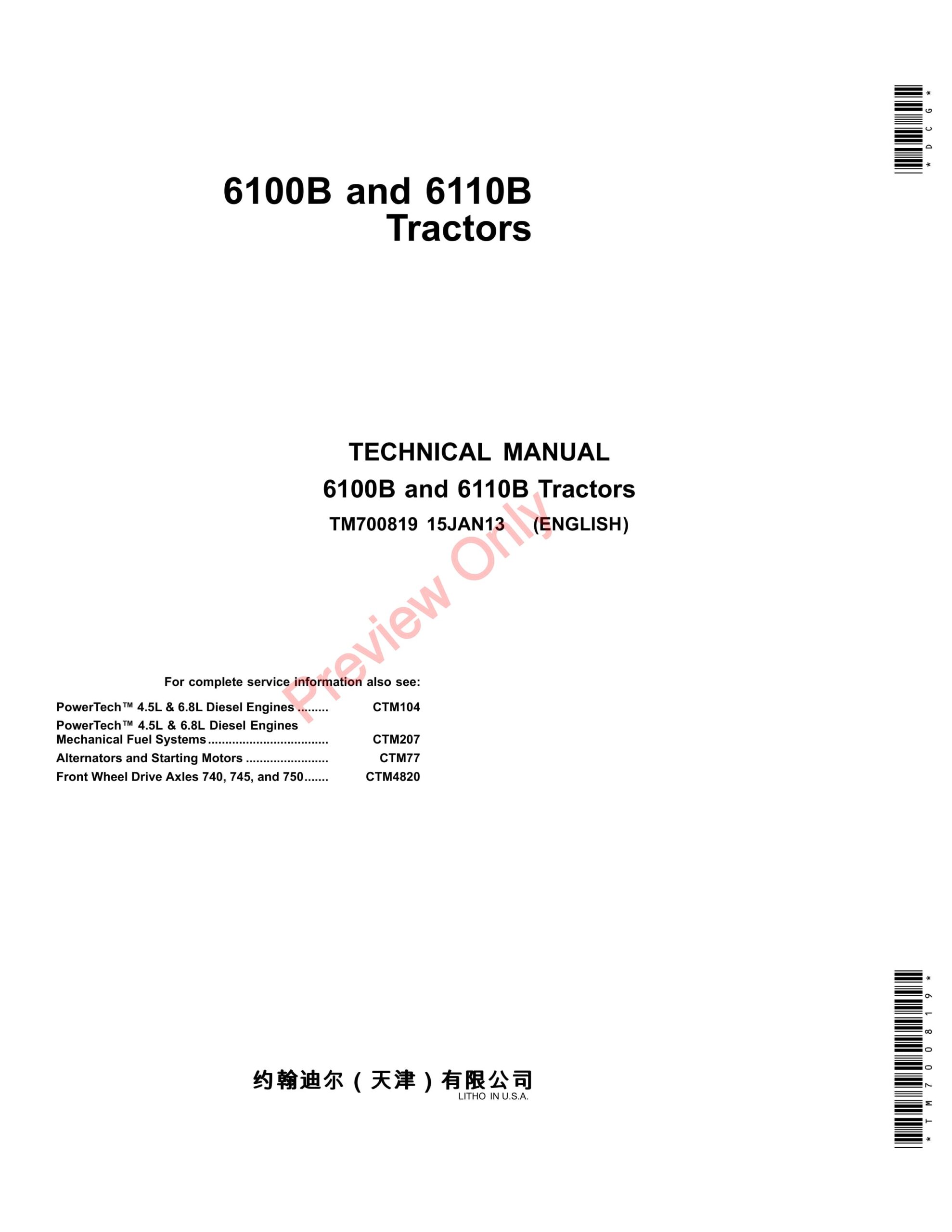 John Deere 6100B and 6110B Tractors Technical Manual TM700819 15JAN13-1
