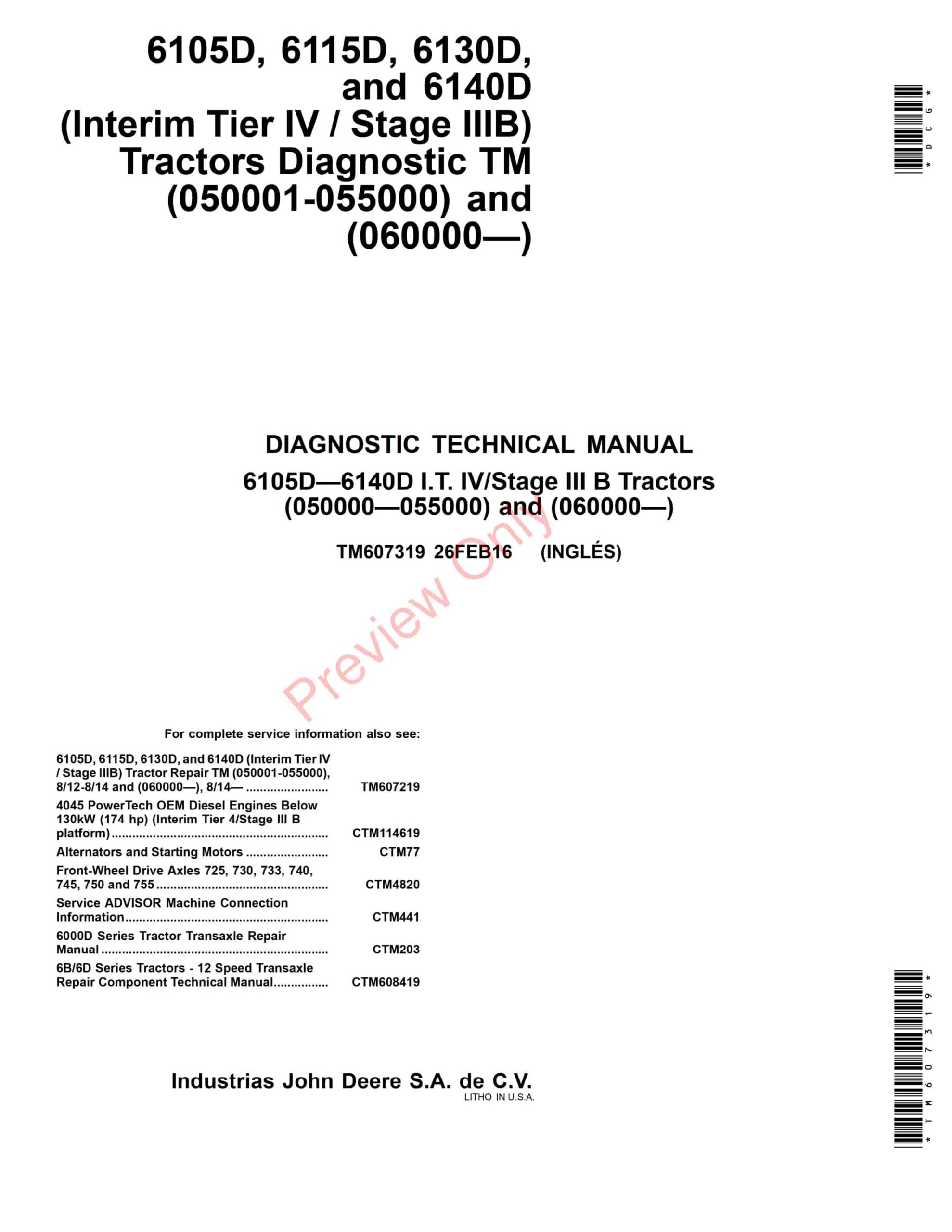 John Deere 6105D, 6115D, 6130D and 6140D (Interim Tier IV Stage IIIB) Tractors Repair Component Technical Manual TM607319 26FEB16-1