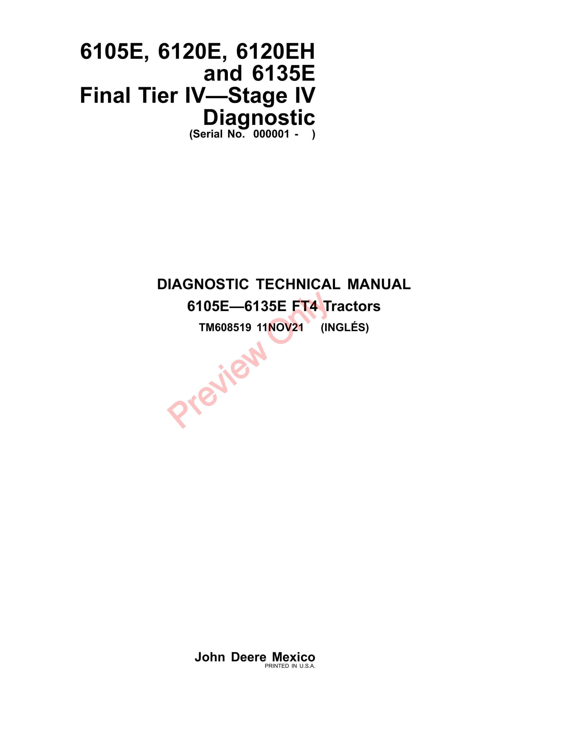 John Deere 6105E, 6120E, 6120EH and 6135E Final Tier IV—Stage IV Diagnostic Technical Manual TM608519 11NOV21-1