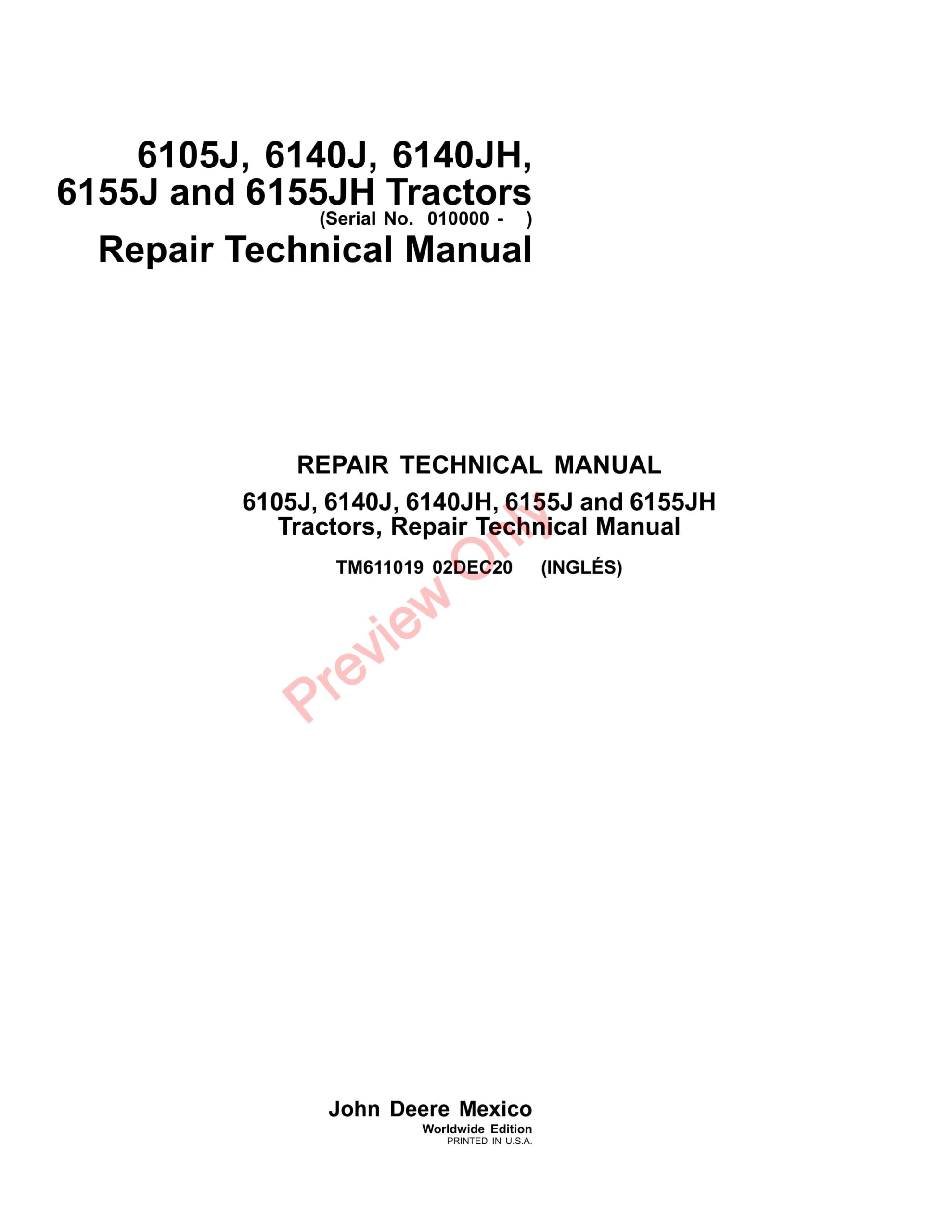 John Deere 6105J, 6140J, 6140JH, 6155J and 6155JH Tractors (010000-) Technical Manual TM611019 02DEC20-1