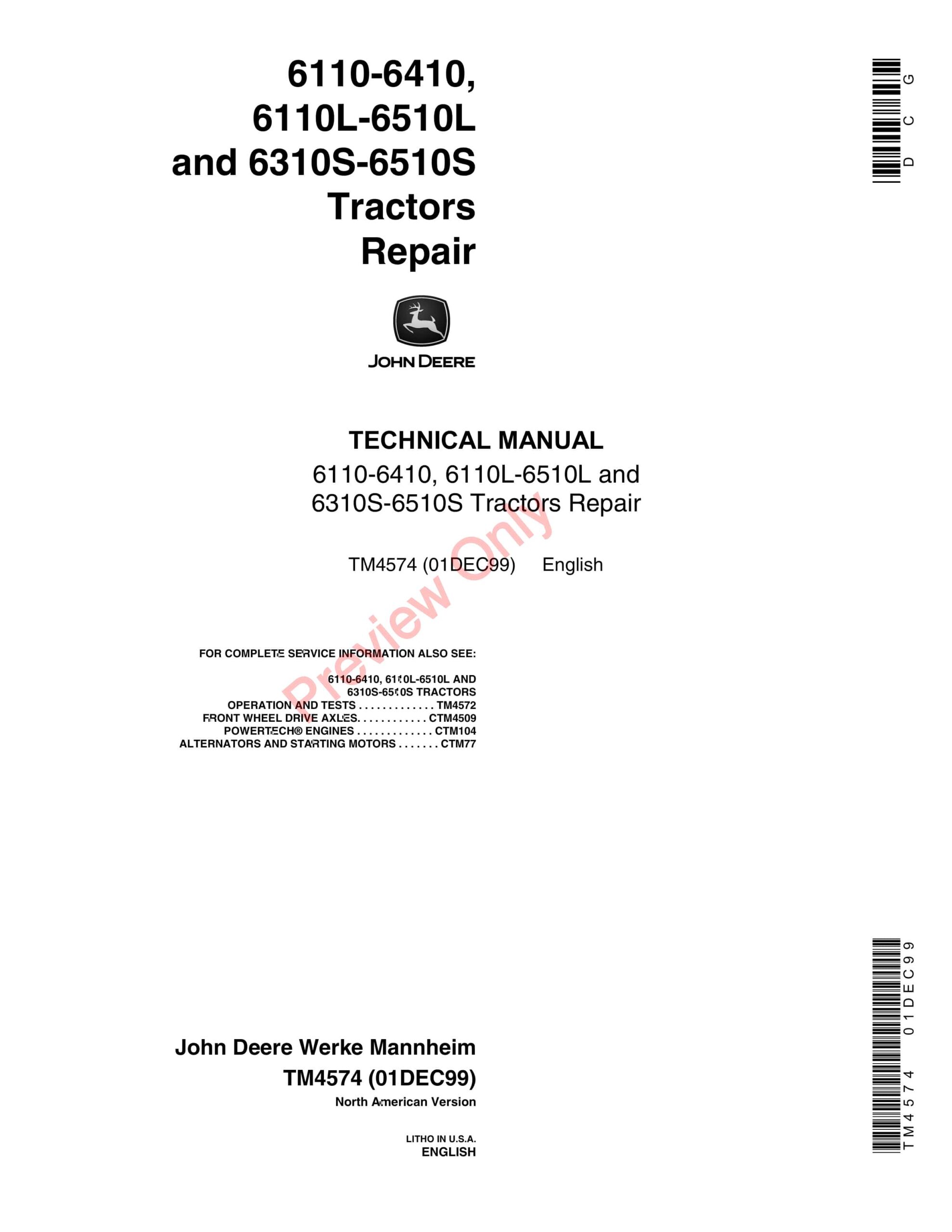 John Deere 6110-6410, 6110L-6510L and 6310S-6510S Tractors Technical Manual TM4574 01DEC99-1
