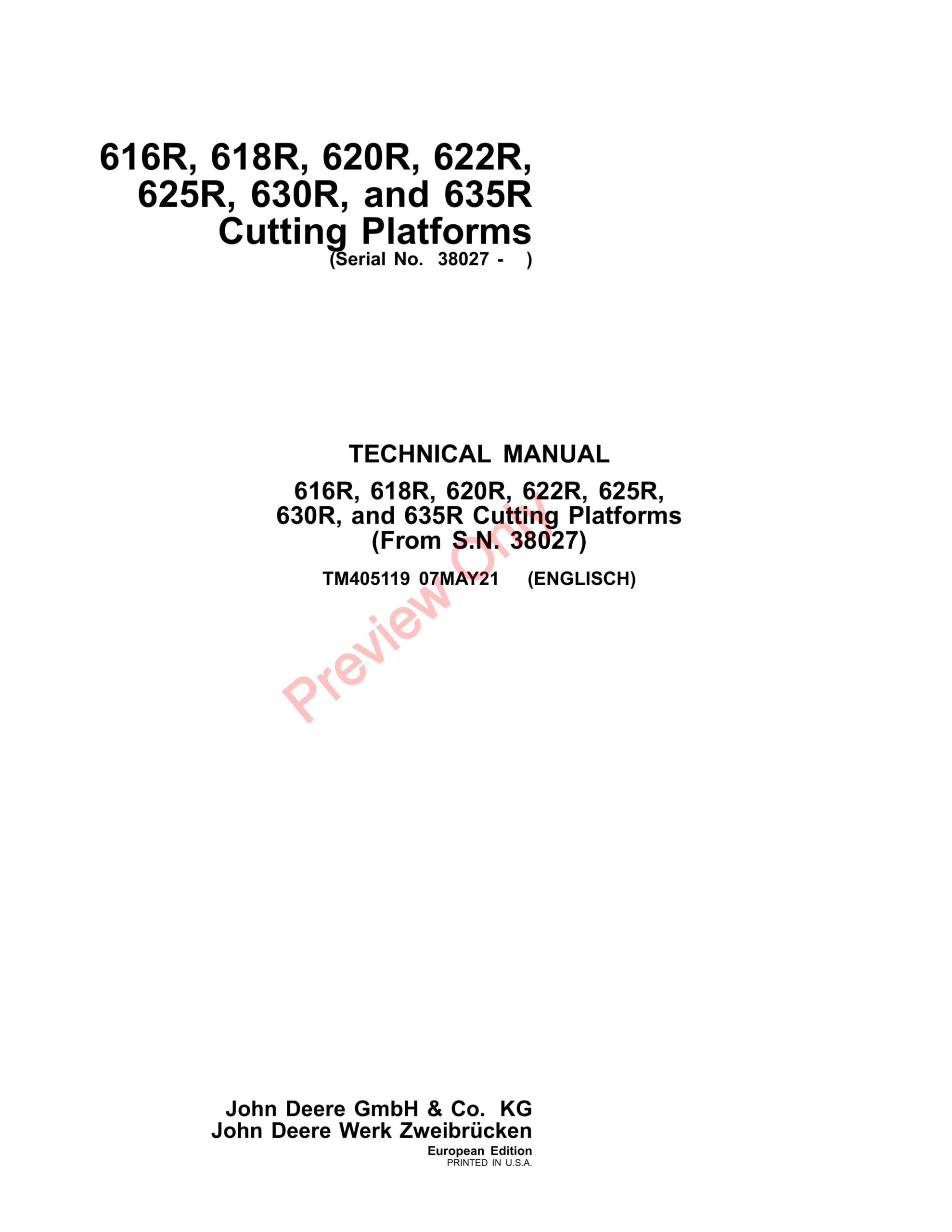 John Deere 616R, 618R, 620R, 622R, 625R, 630R, and 635R Cutting Platforms (038027 Technical Manual TM405119 07MAY21-1