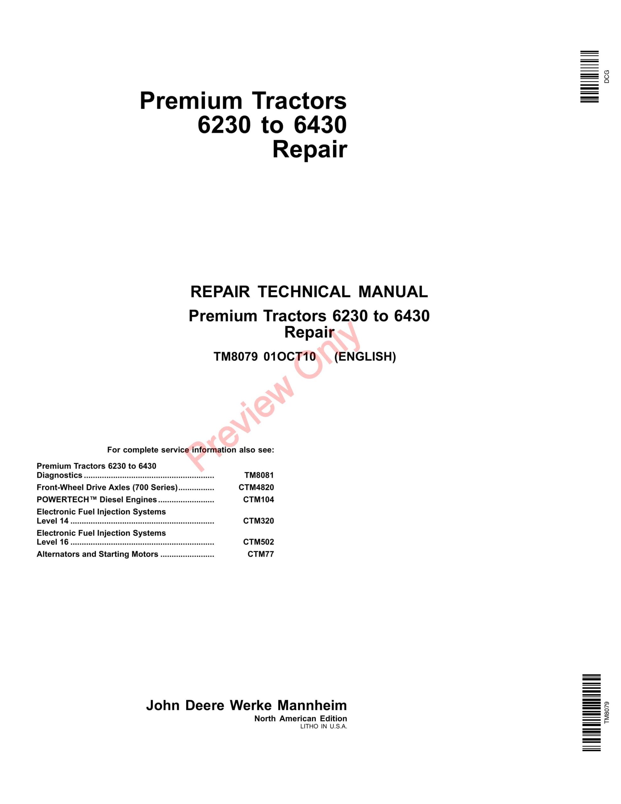 John Deere 6230, 6330, 6430 Premium Tractor Technical Manual TM8079 01FEB13-1