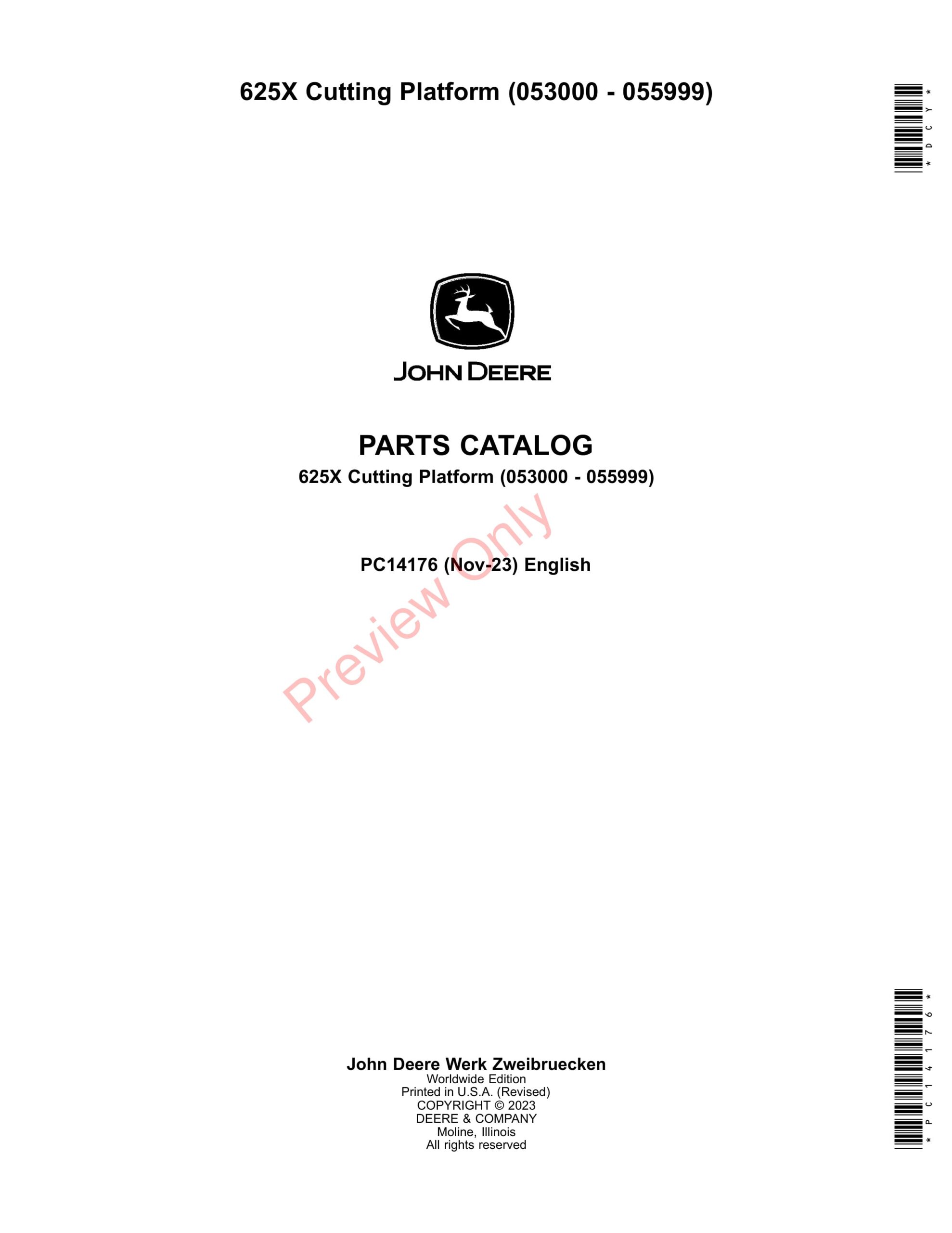 John Deere 625X Cutting Platform (053000 – 055999) Parts Catalog PC14176 12APR22-1