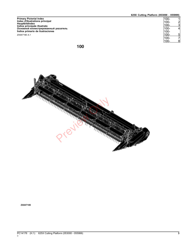 John Deere 625X Cutting Platform (053000 &#8211; 055999) Parts Catalog PC14176 12APR22-3