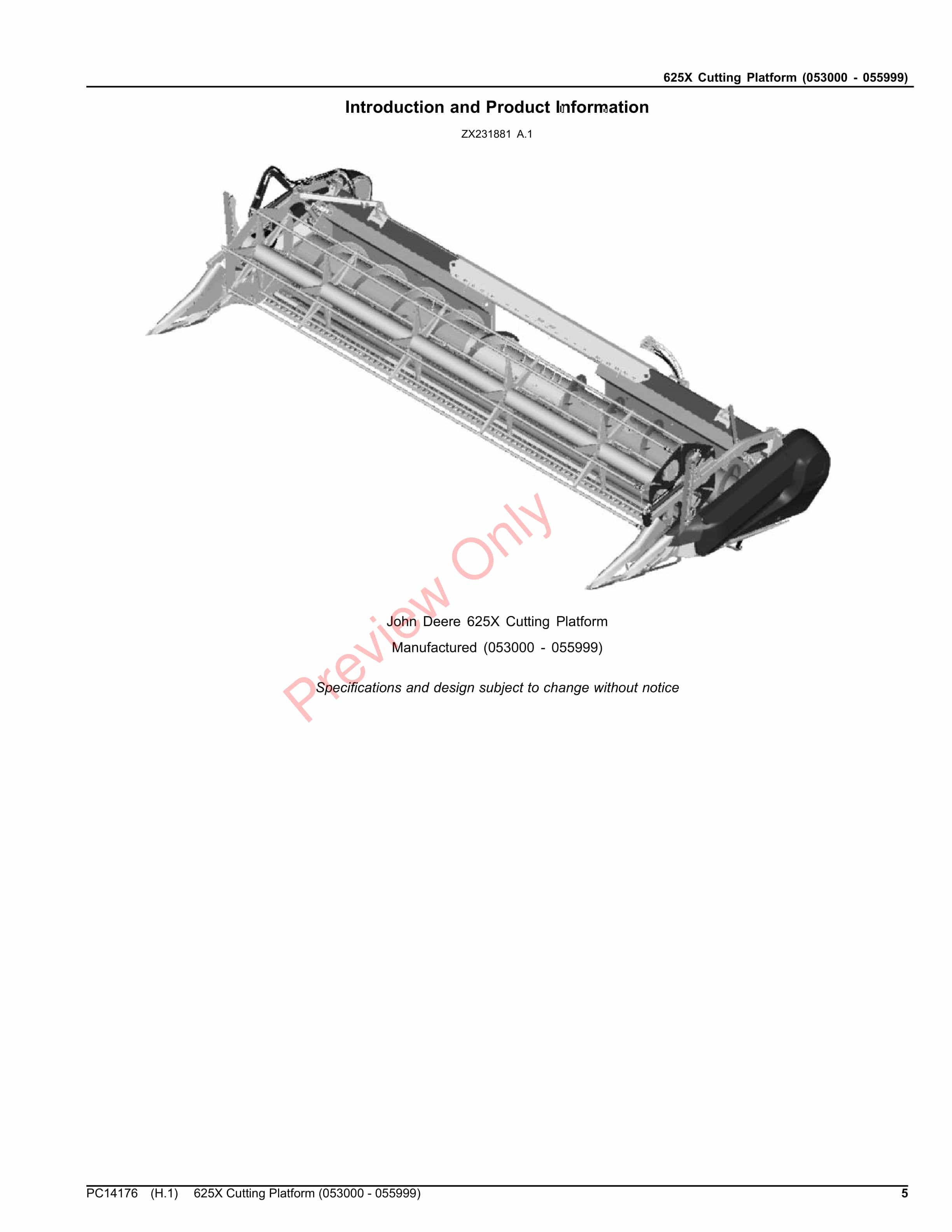 John Deere 625X Cutting Platform (053000 &#8211; 055999) Parts Catalog PC14176 12APR22-5