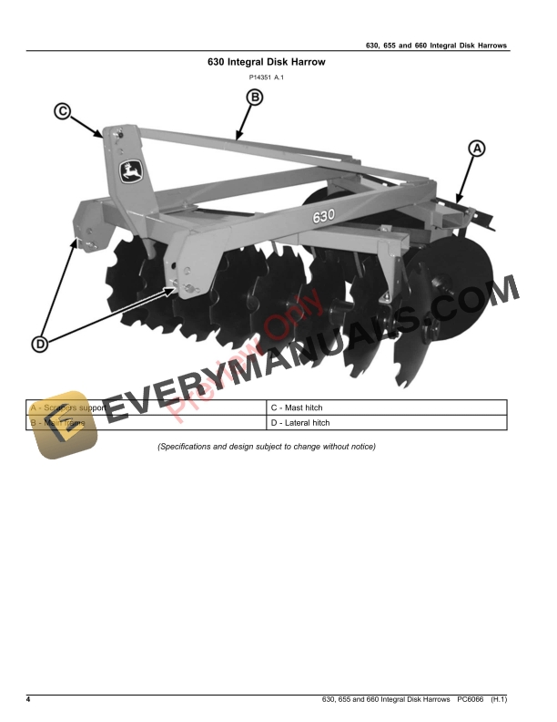 John Deere 630, 655 and 660 Integral Disk Harrows Parts Catalog PC6066