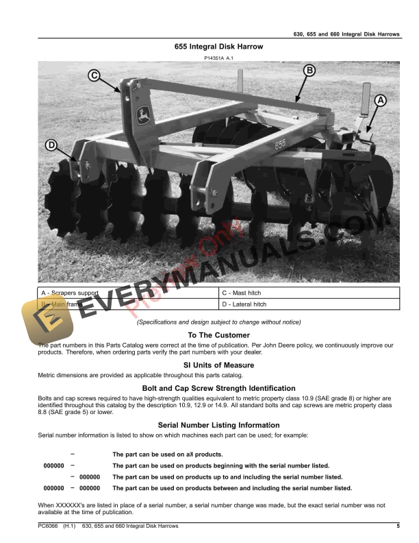 John Deere 630, 655 and 660 Integral Disk Harrows Parts Catalog PC6066