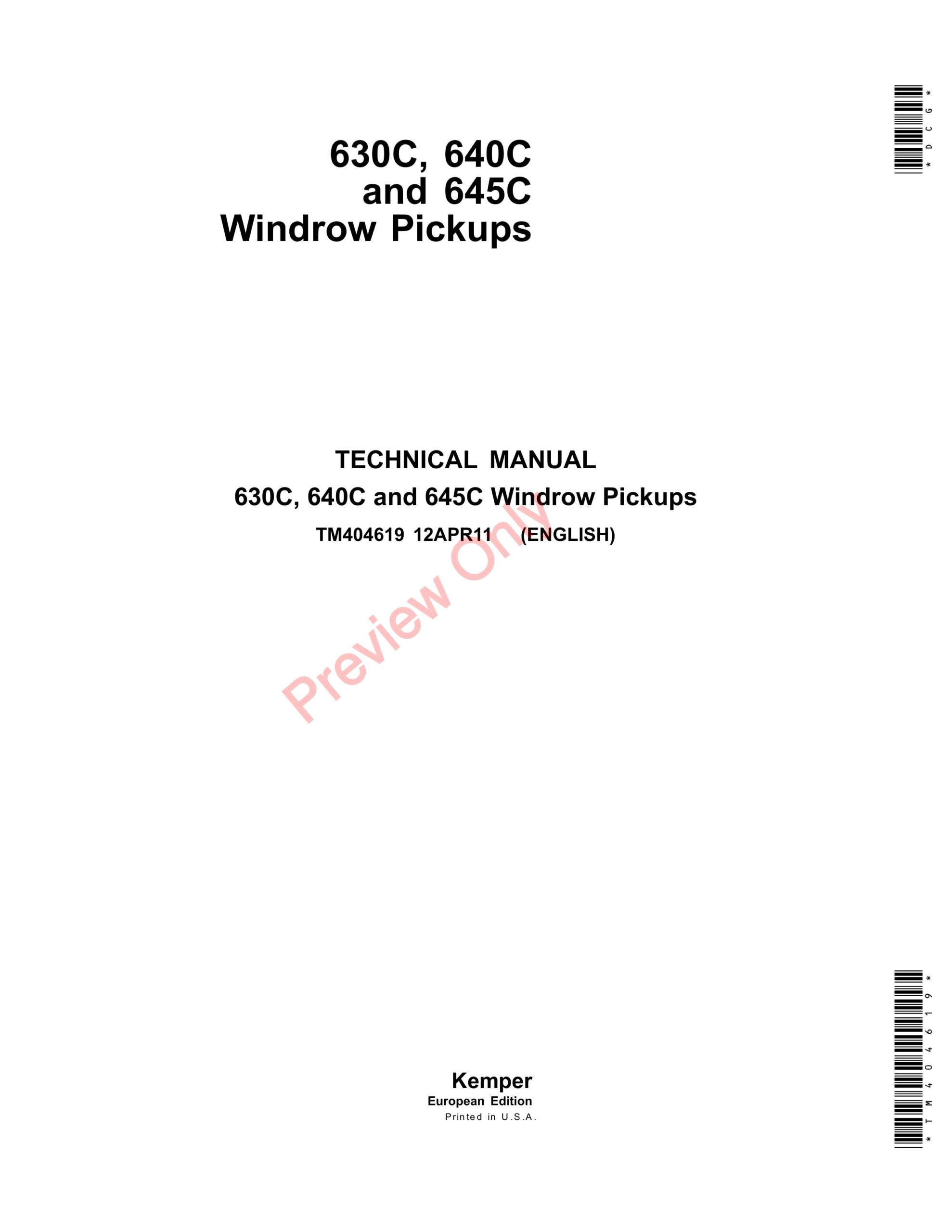John Deere 630C, 640C and 645C Windrow Pickups Technical Manual TM404619 12APR11-1