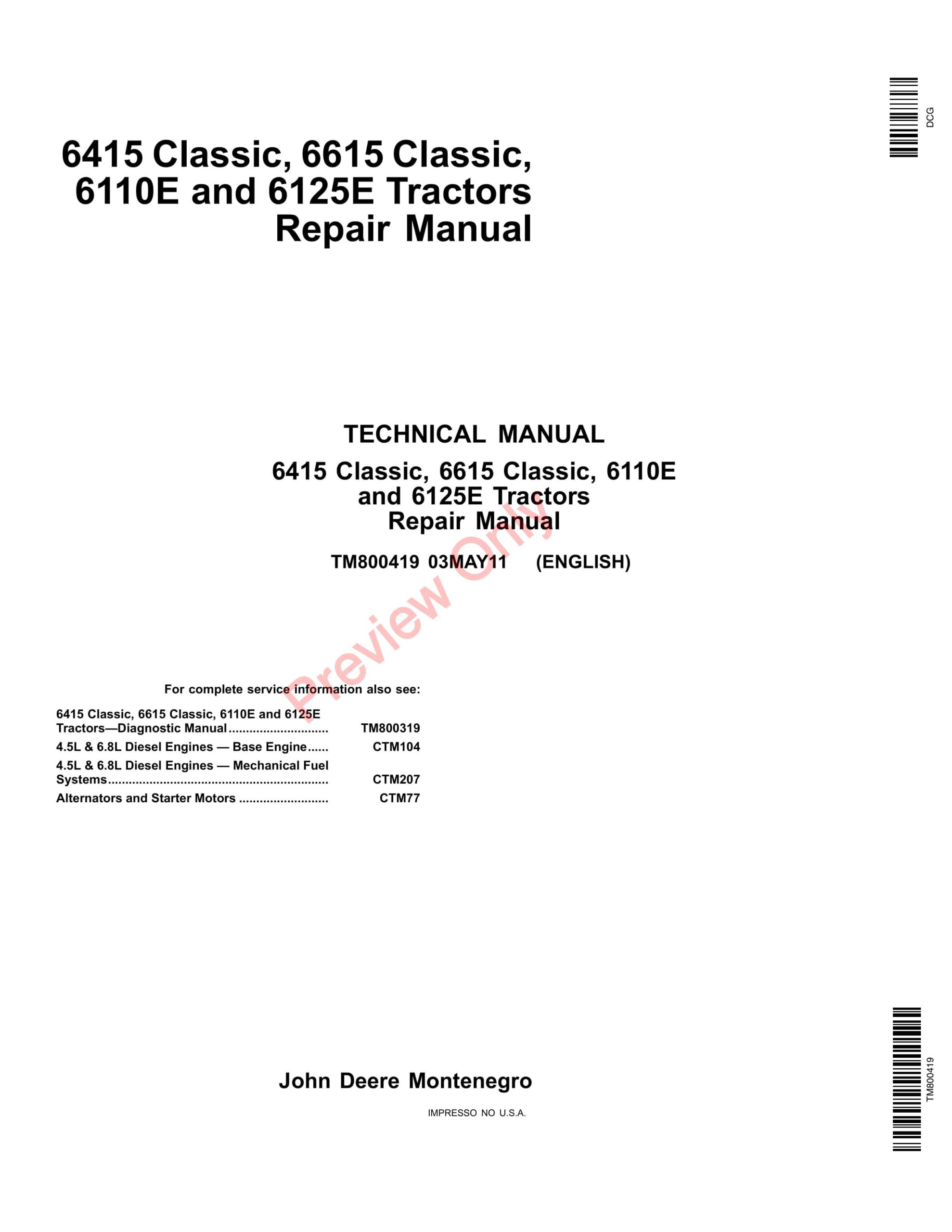 John Deere 6415 Classic, 6615 Classic, 6110E and 6125E Tractors Service Information TM800419 25NOV13-1