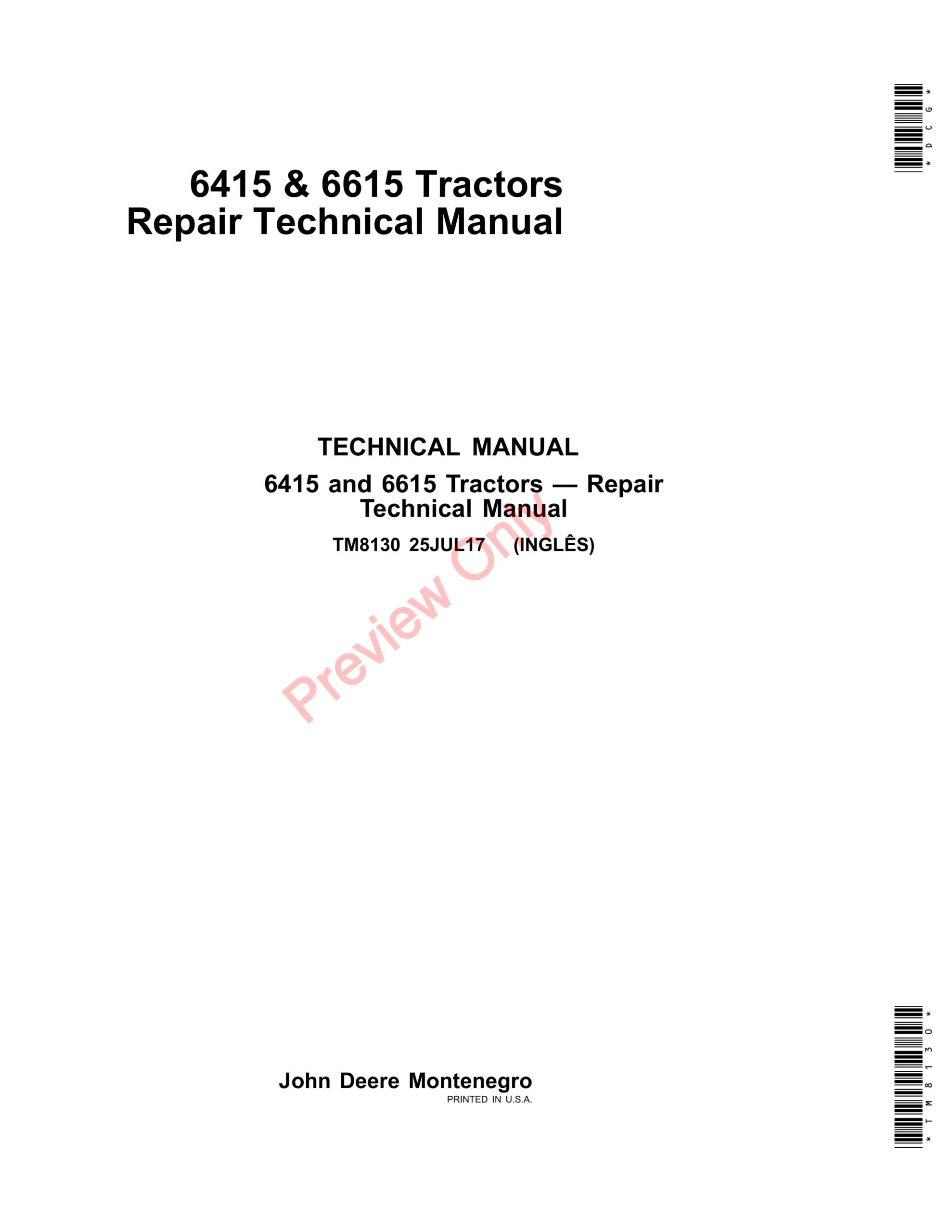 John Deere 6415 and 6615 Tractors Repair Technical Manual TM8130 25JUL17-1