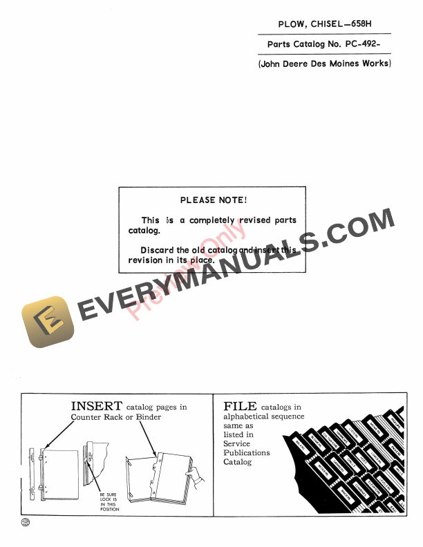 John Deere 658H Chisel Plow Parts Catalog PC492 01JUL64