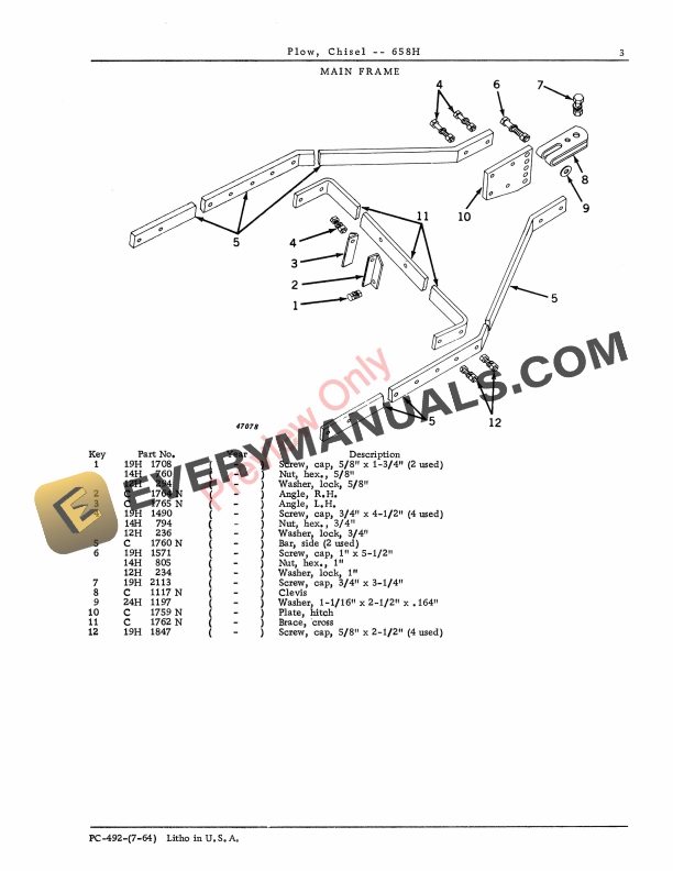 John Deere 658H Chisel Plow Parts Catalog PC492 01JUL64