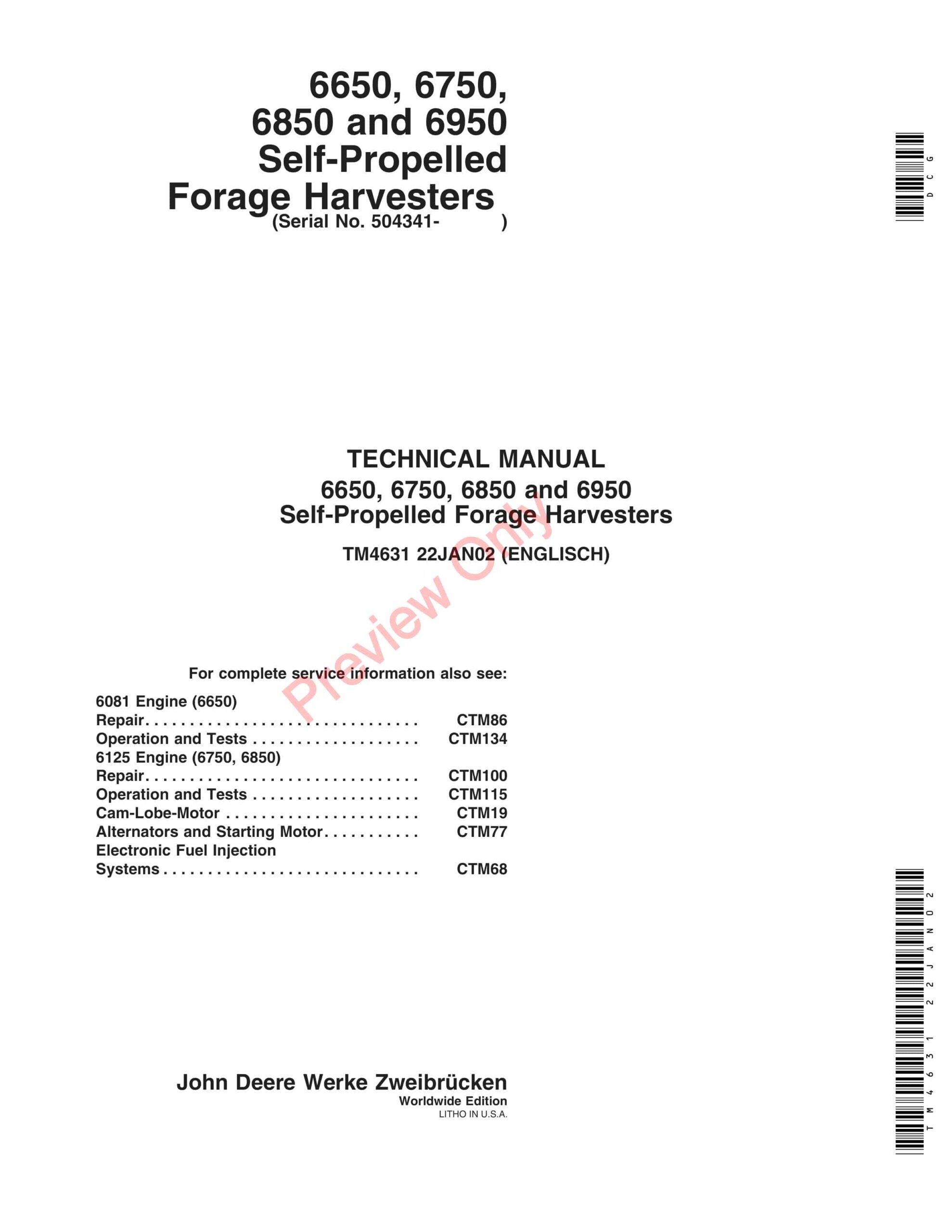 John Deere 6650, 6750, 6850 and 6950 Self-Propelled Forage Harvesters Technical Manual TM4631 22JAN02-1