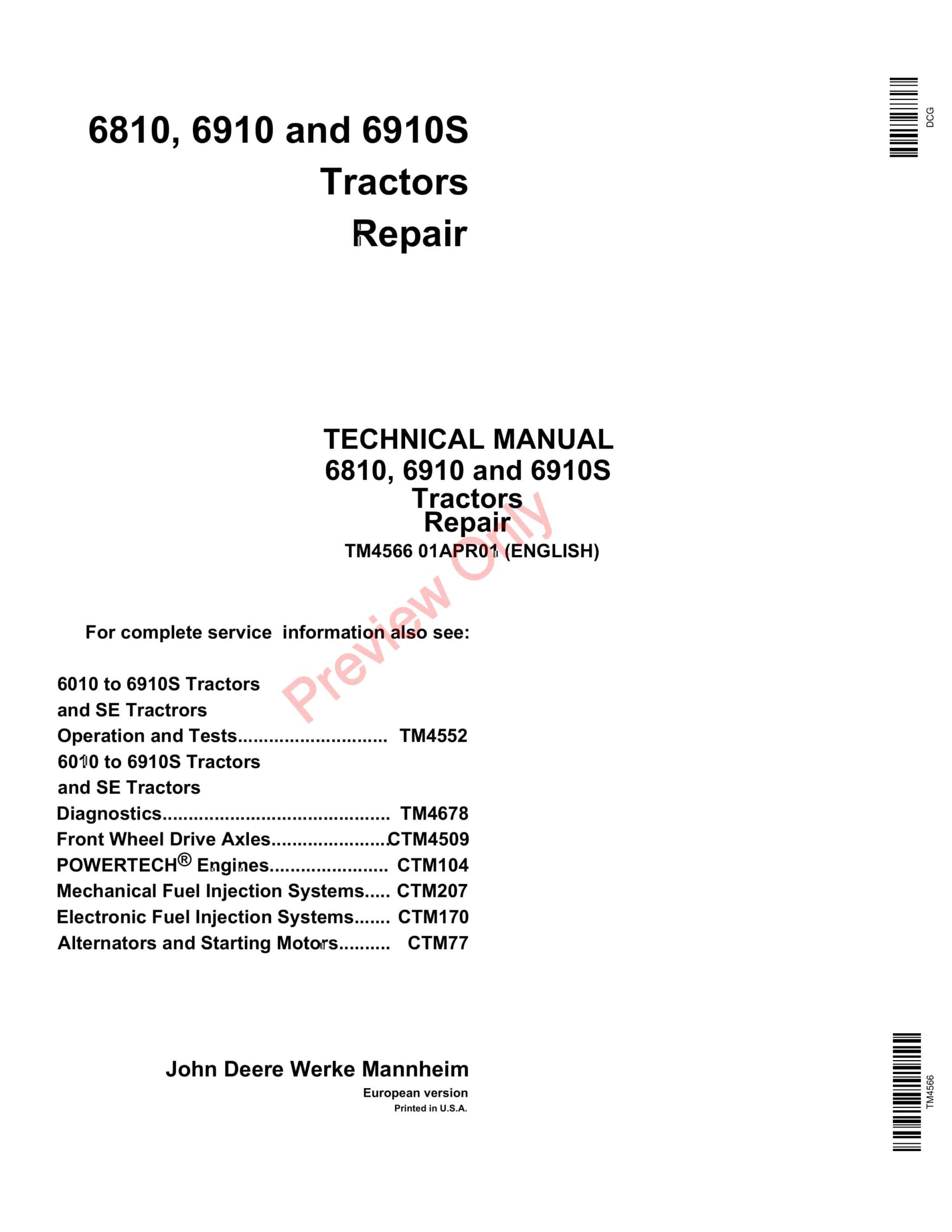 John Deere 6810, 6910, and 6910S Tractors Technical Manual TM4566 01APR11-1