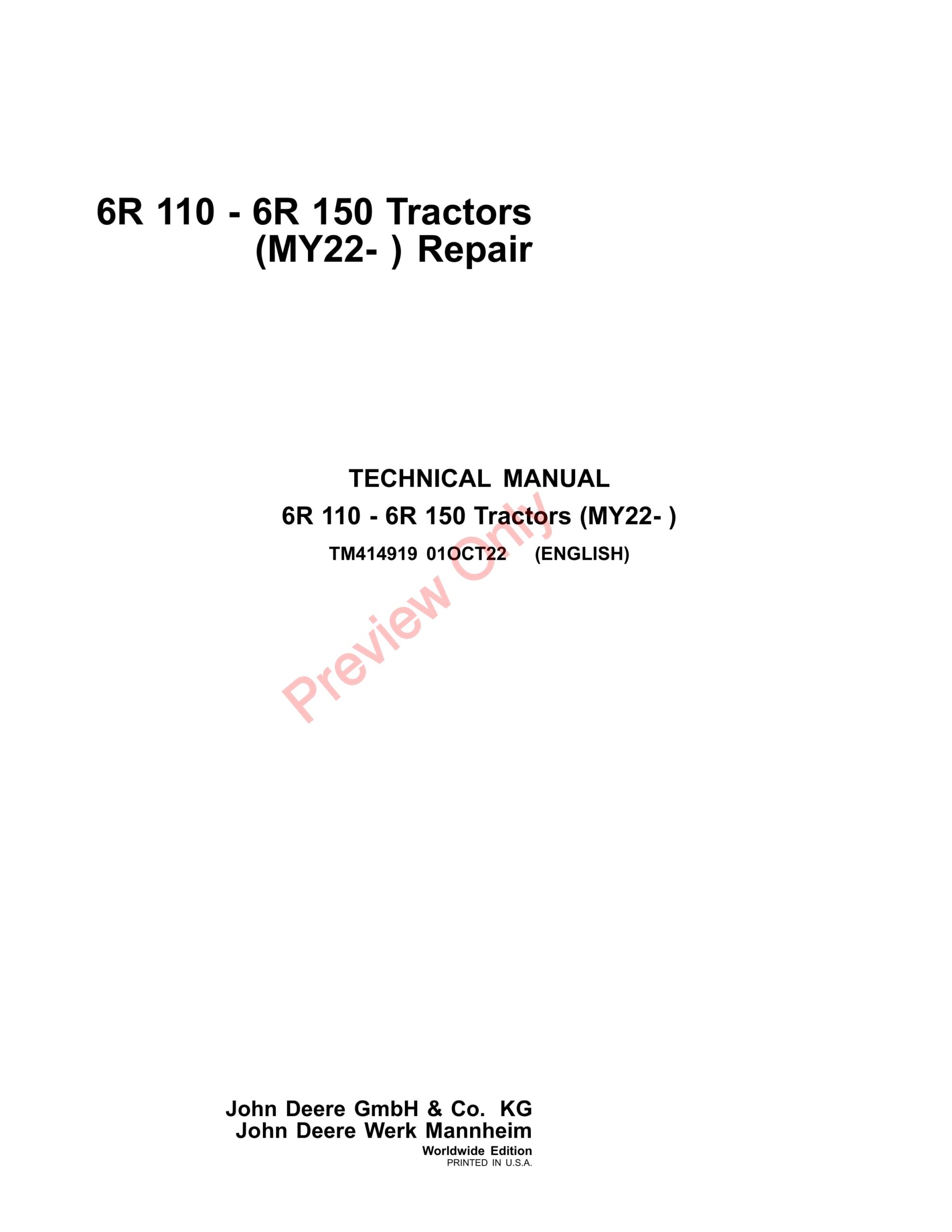 John Deere 6R 110 – 6R 150 Tractors (MY22- ) Technical Manual TM414919 01MAR23-1
