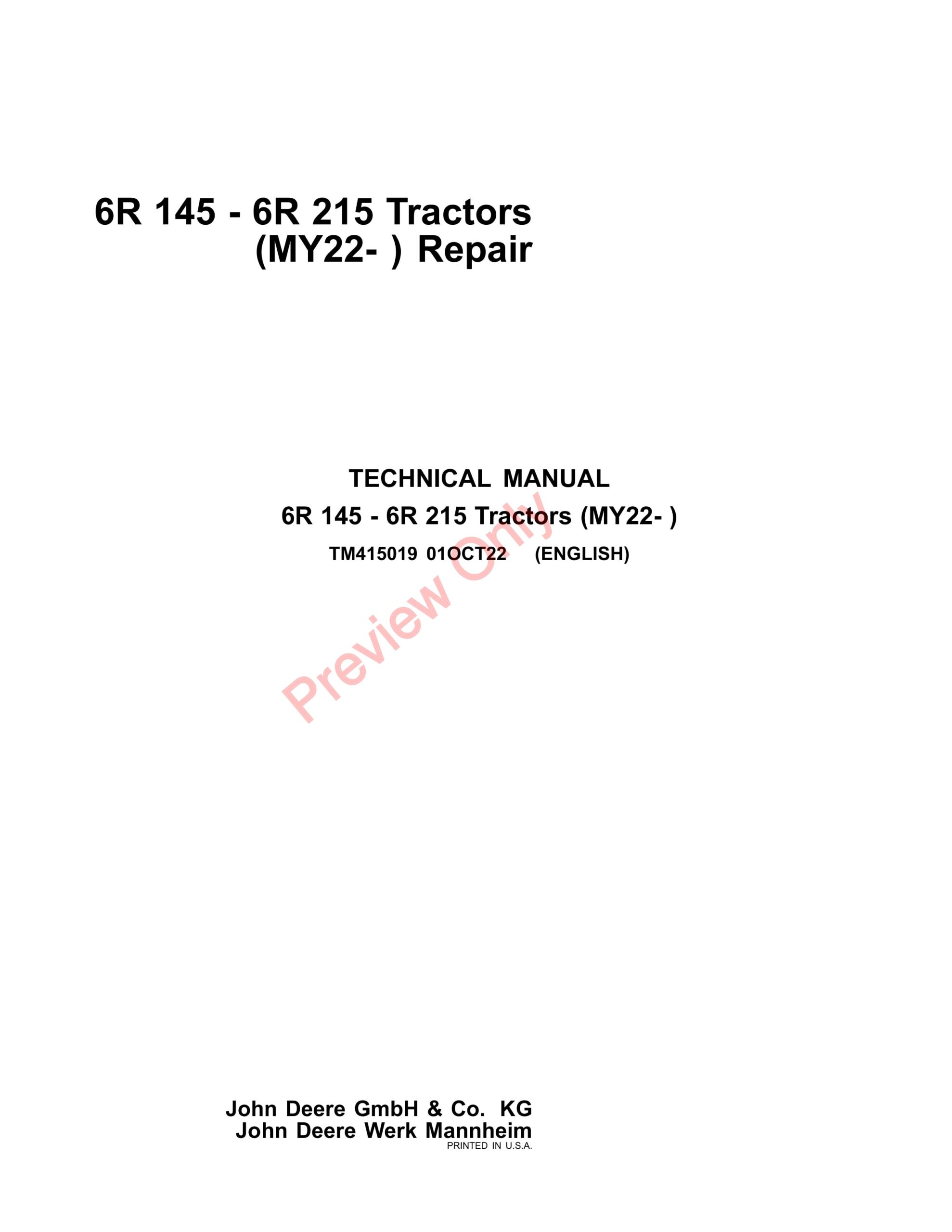 John Deere 6R 145 – 6R 215 Tractors (MY22- ) Technical Manual TM415019 01MAR23-1
