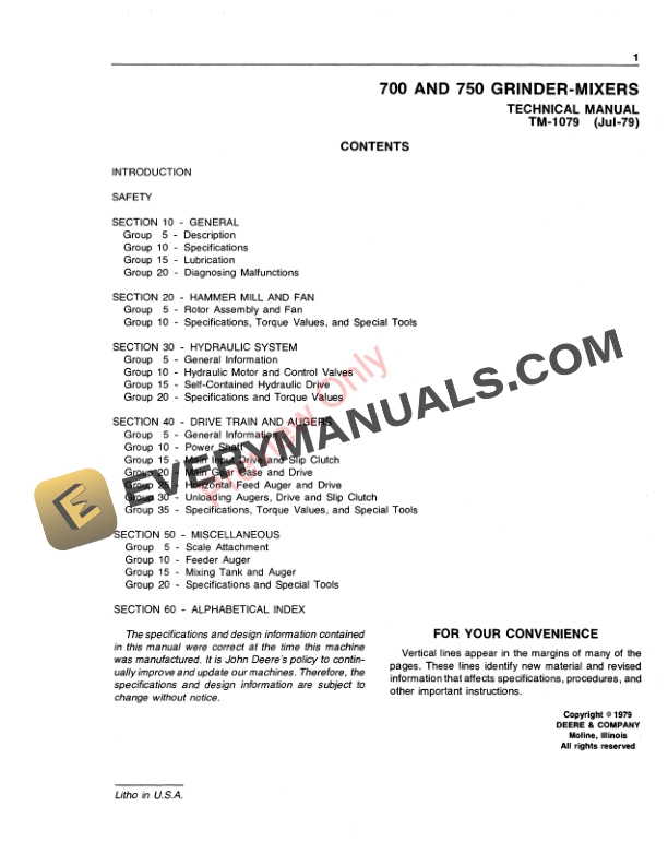 John Deere 700 and 750 Grinder Mixers Technical Manual TM1079 01JUL79