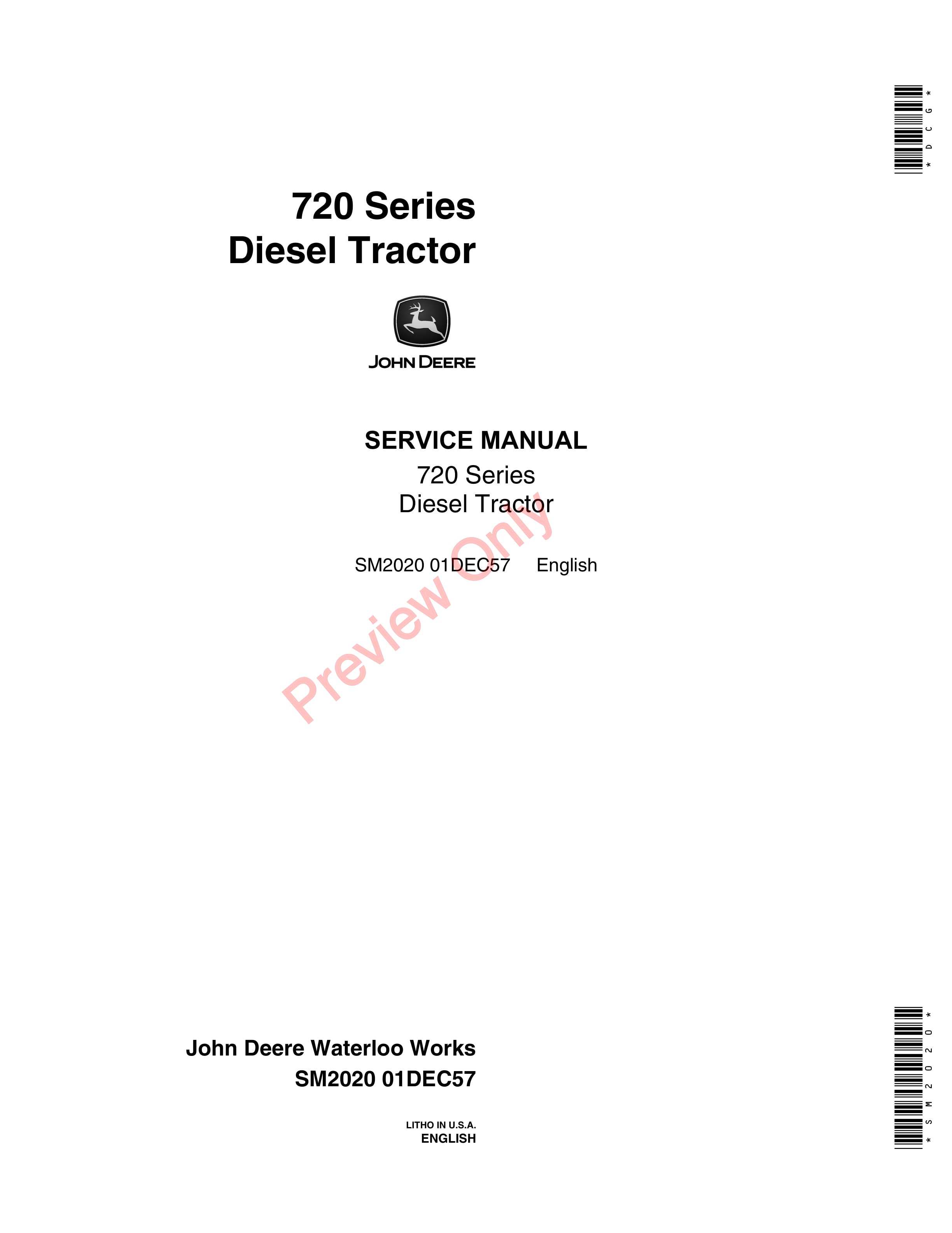 John Deere 720 Series Diesel Tractors Service Manual SM2020 01DEC57-1