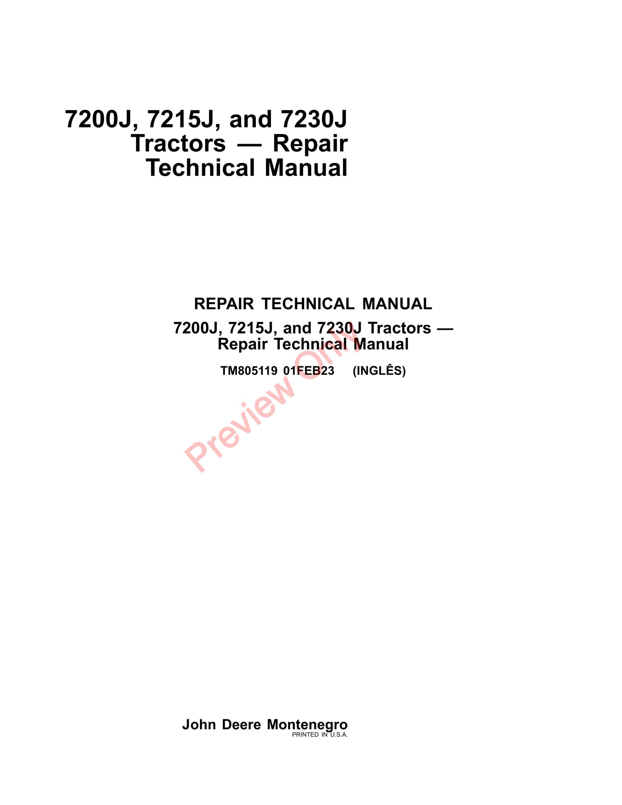John Deere 7200J, 7215J and 7230J Tractors Repair Technical Manual TM805119 01FEB23-1