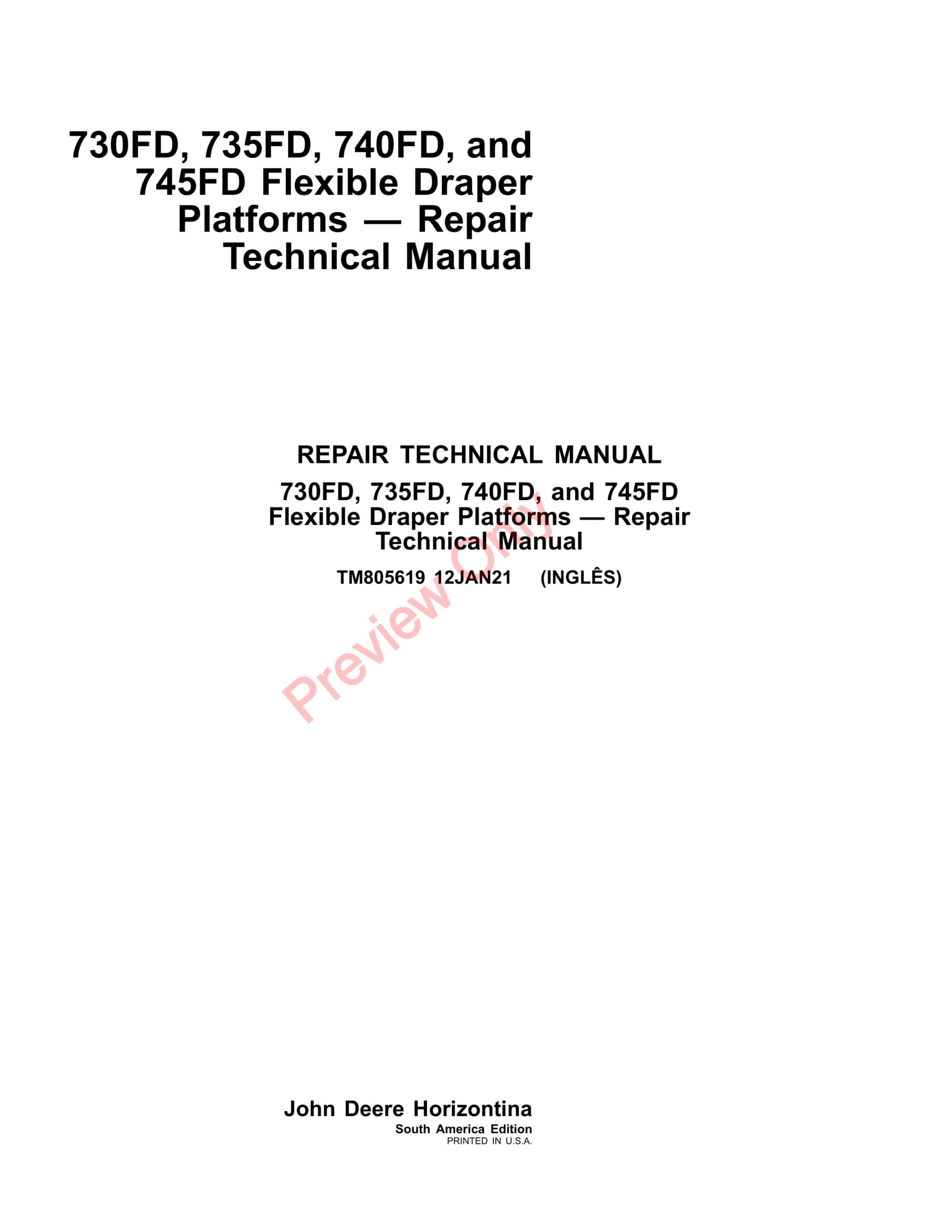 John Deere 730FD, 735FD, 740FD, and 745FD Flexible Draper Platforms Repair Technical Manual TM805619 12JAN21-1